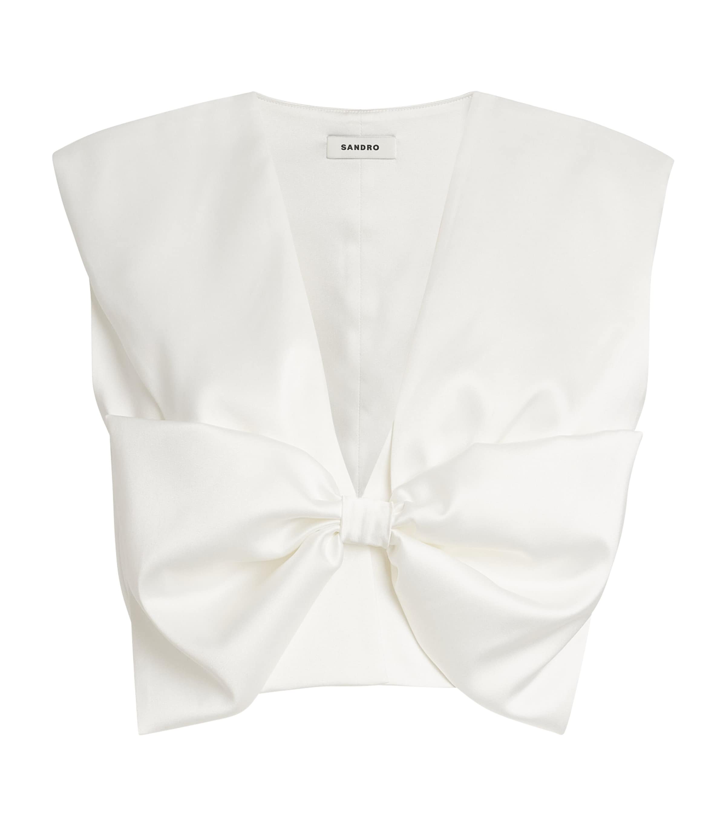 Sandro Womens Naturels Passy Bow-embellished Stretch-satin Crop Top In Beige
