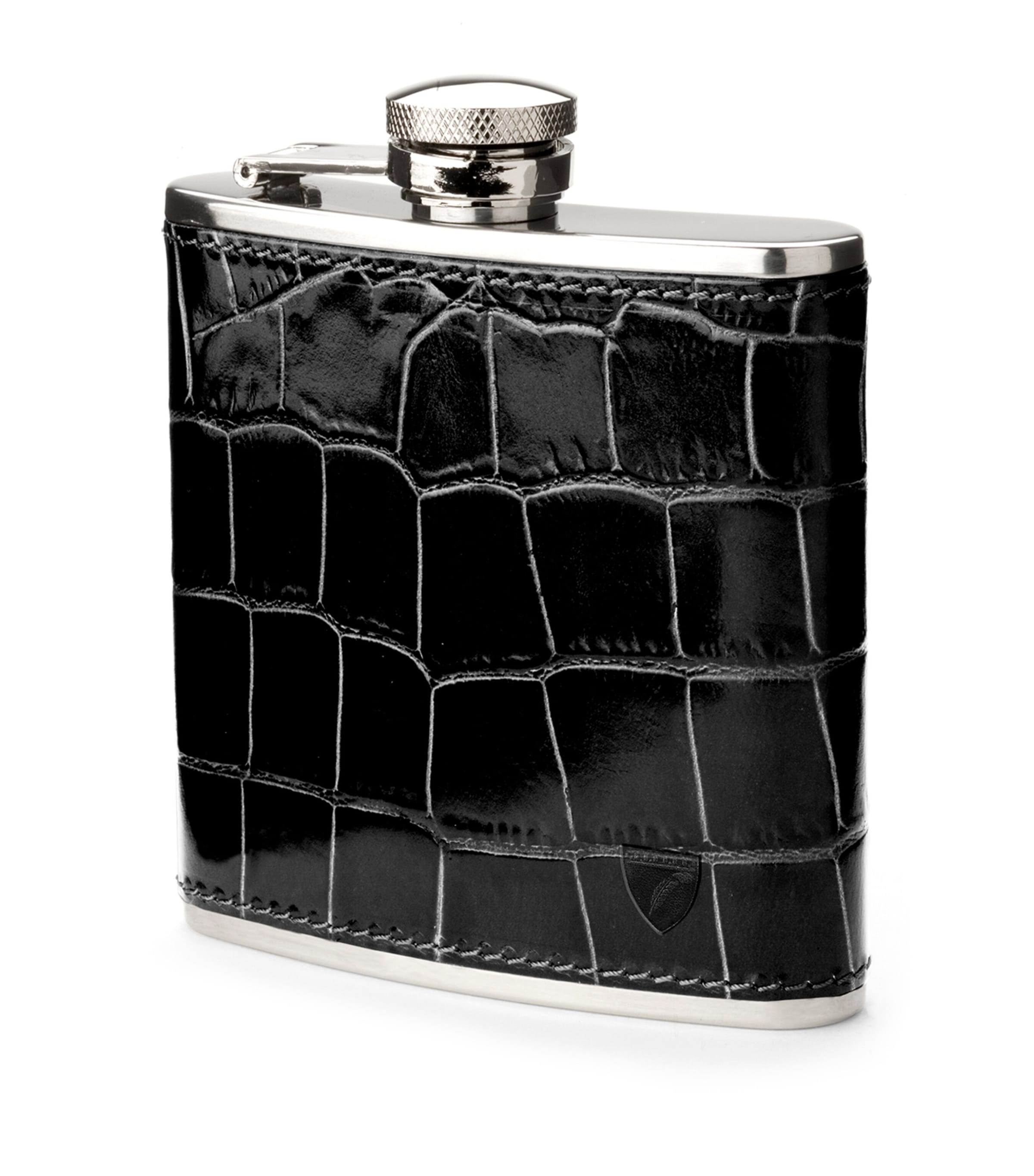 Aspinal Of London Black Classic Crocodile-embossed Leather And Stainless Steel Hip Flask 142ml In Black