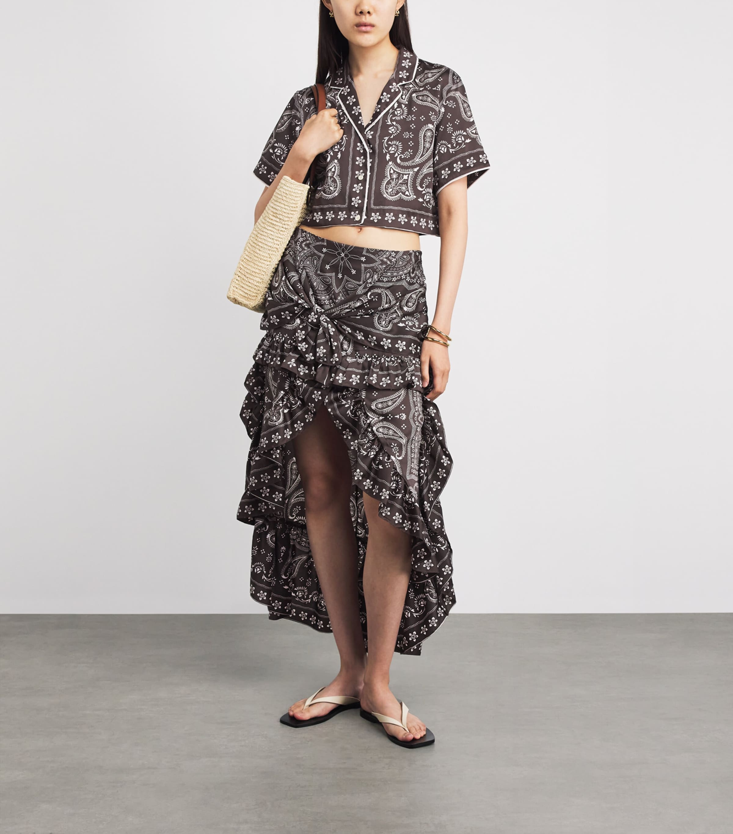 Sandro Paris Womens Satin Bandana Asymmetric Midi Shirt Taupe / White Image 2