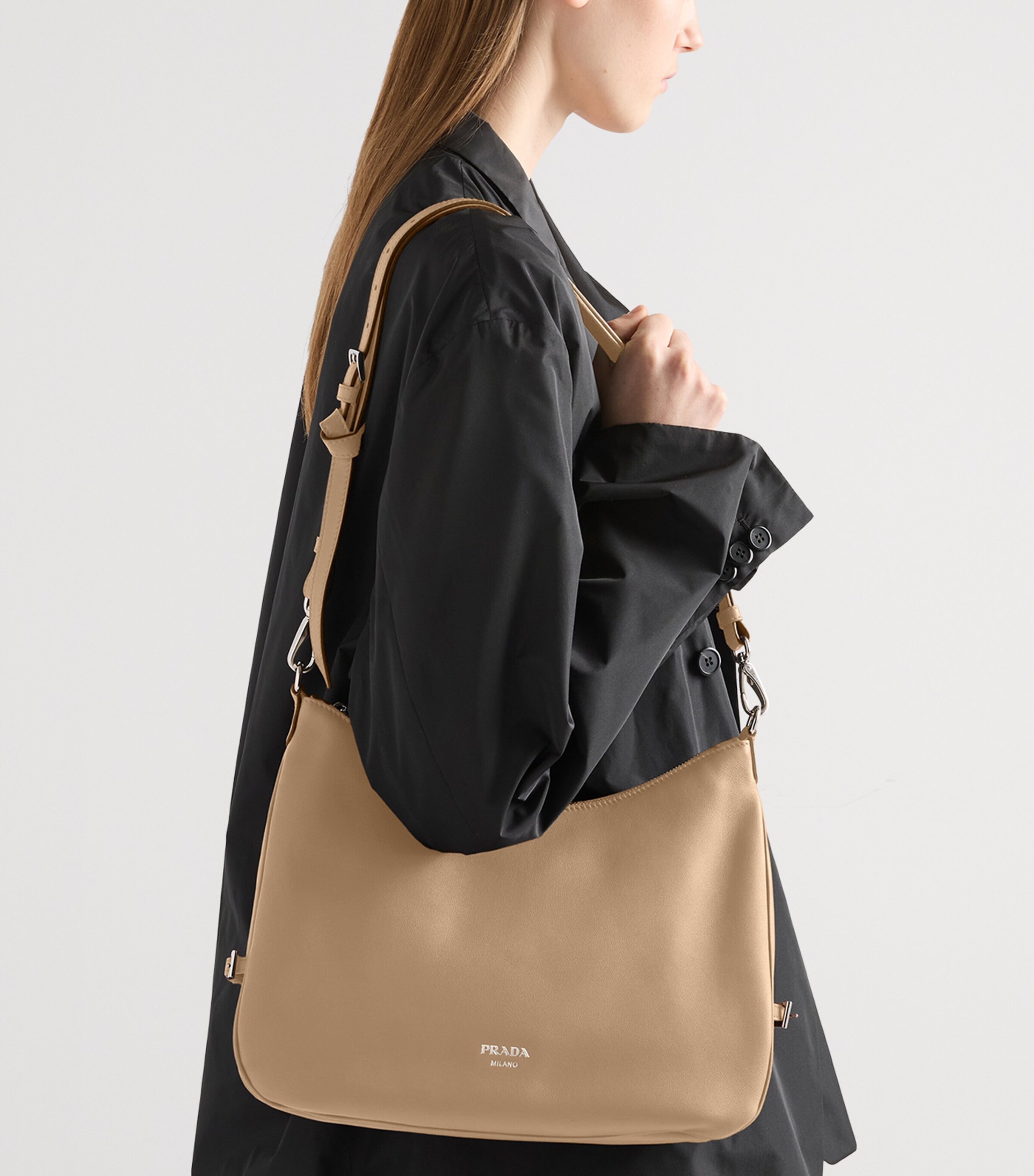 Prada Large Leather Fold Shoulder Bag Neutral Image 3