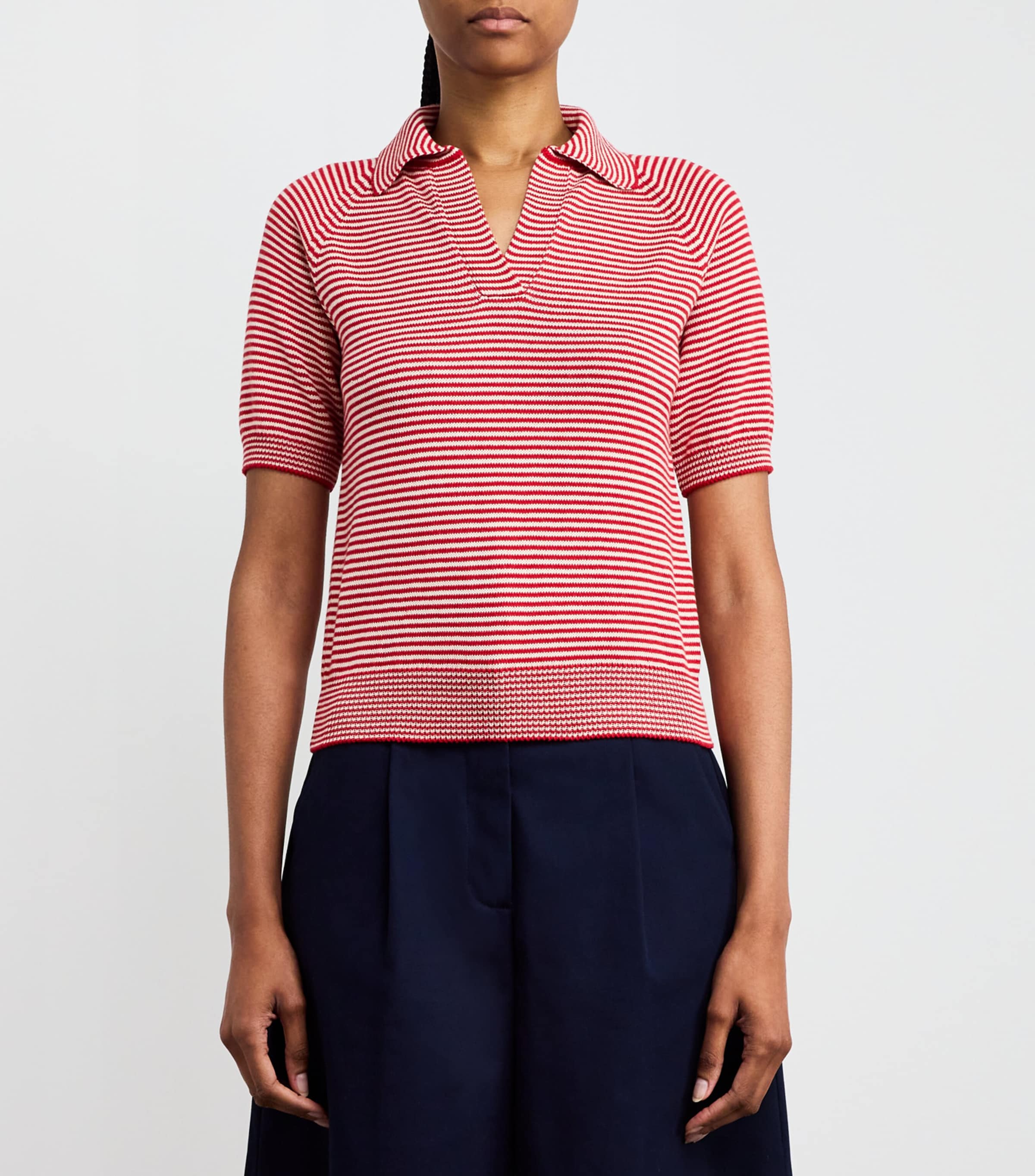 Cotton Stripe Open Polo Shirt RED Image 3