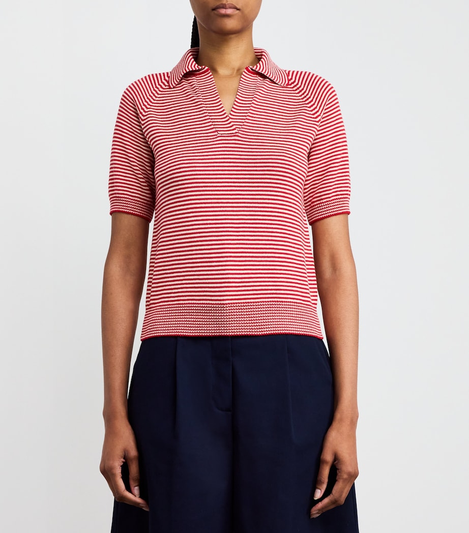 Cotton Stripe Open Polo Shirt RED Image 3