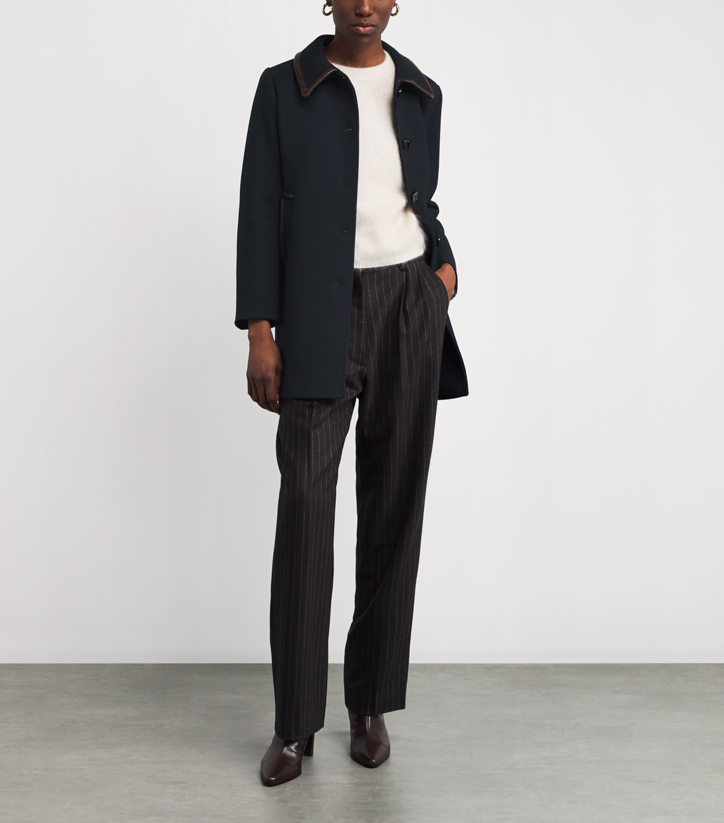 Twill Leather-Trim Coat NAVY BLUE Image 2