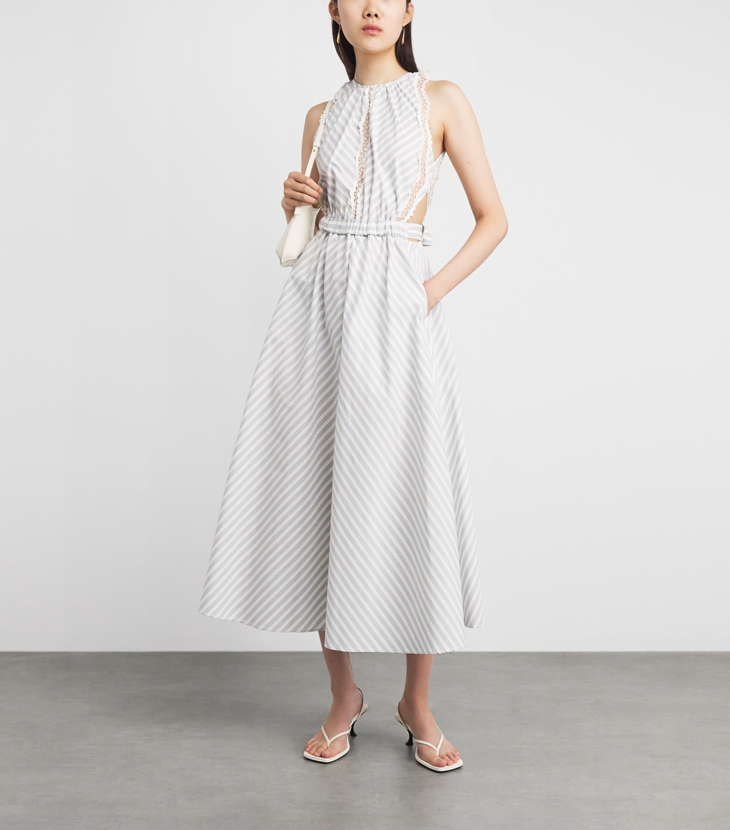 Sandro Paris Womens Cotton Stripe Embroidered Midi Dress Ecru / Bleu Image 2