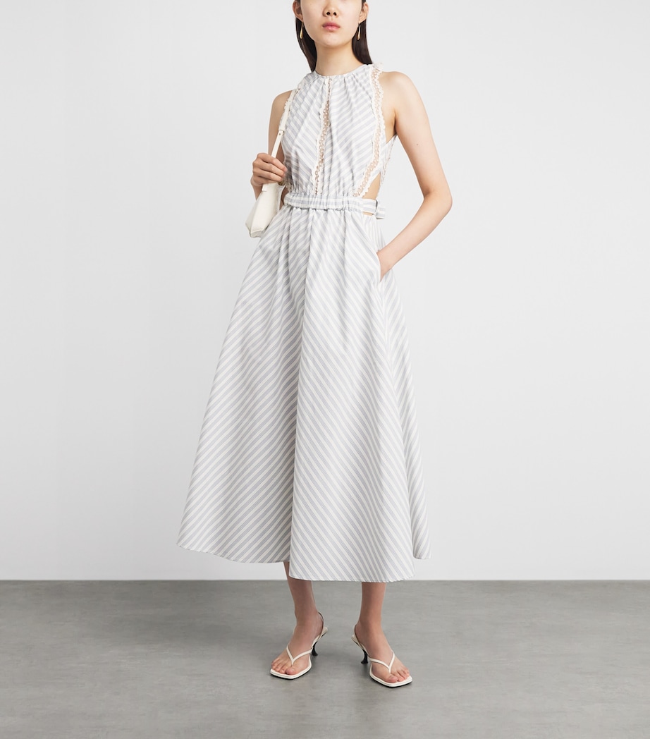 Sandro Paris Womens Cotton Stripe Embroidered Midi Dress Ecru / Bleu Image 2