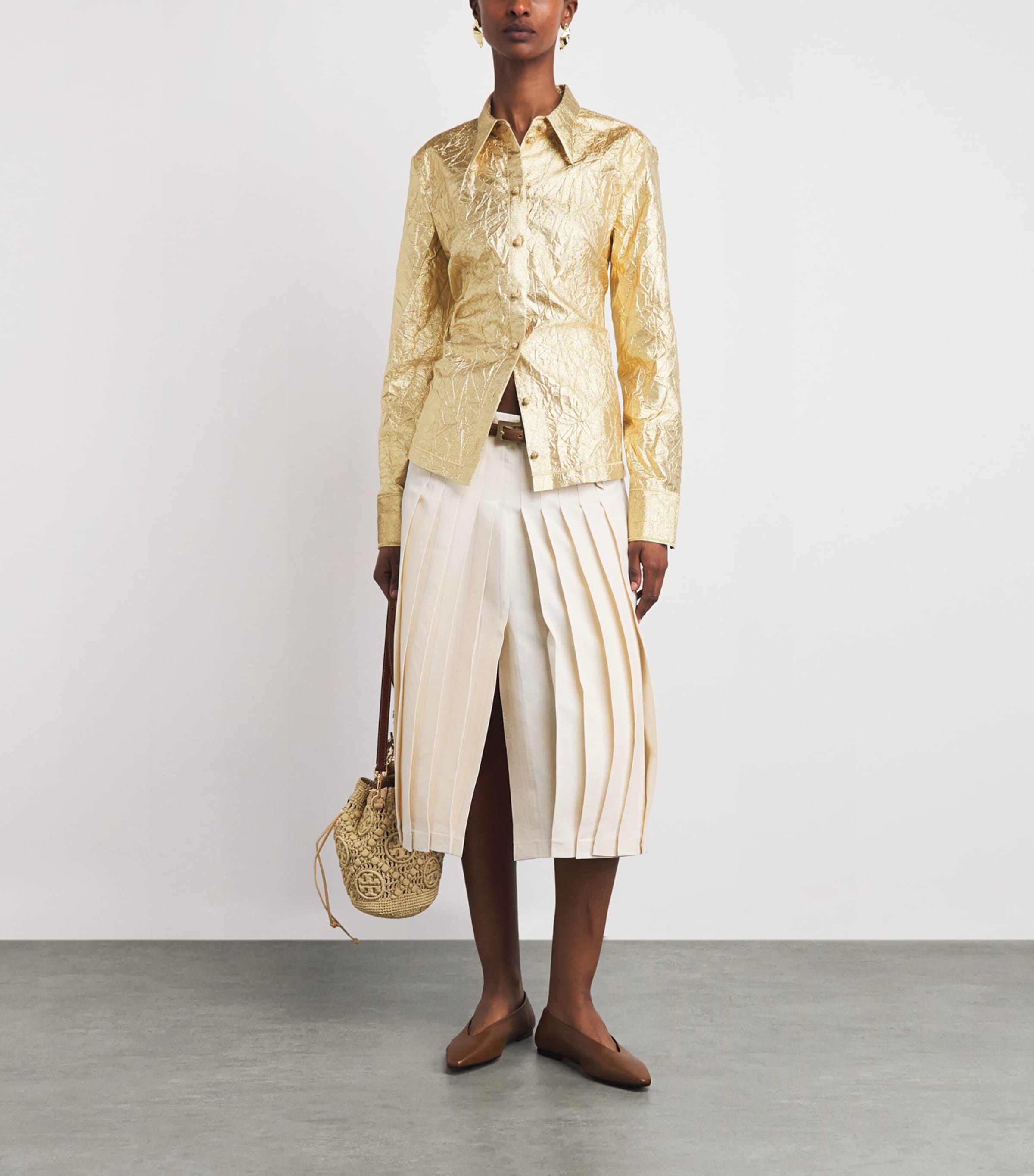 Tory Burch Gold Silk-Blend Crushed Shirt | Harrods US