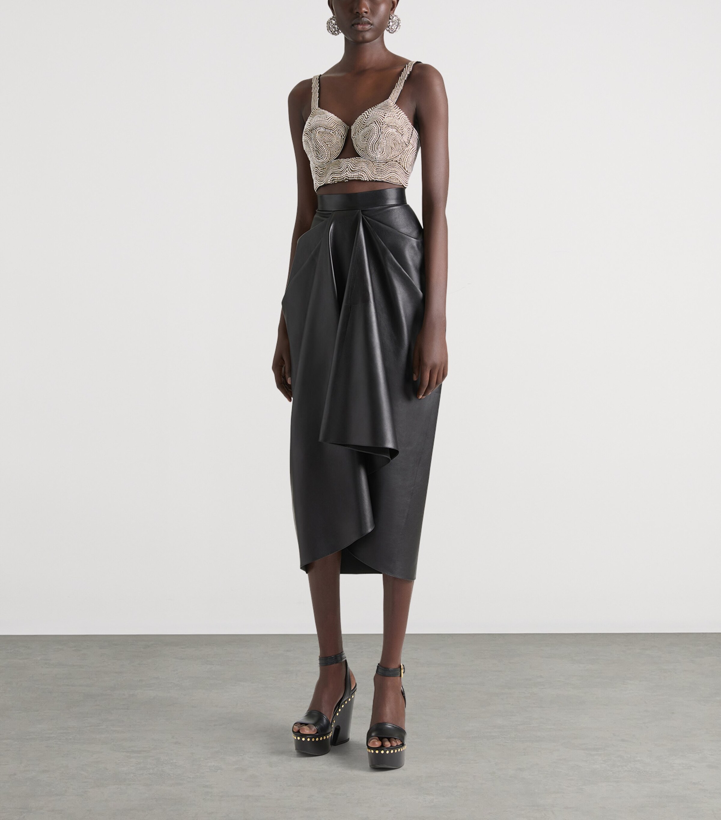 Leather Draped Midi Skirt BLACK Image 3