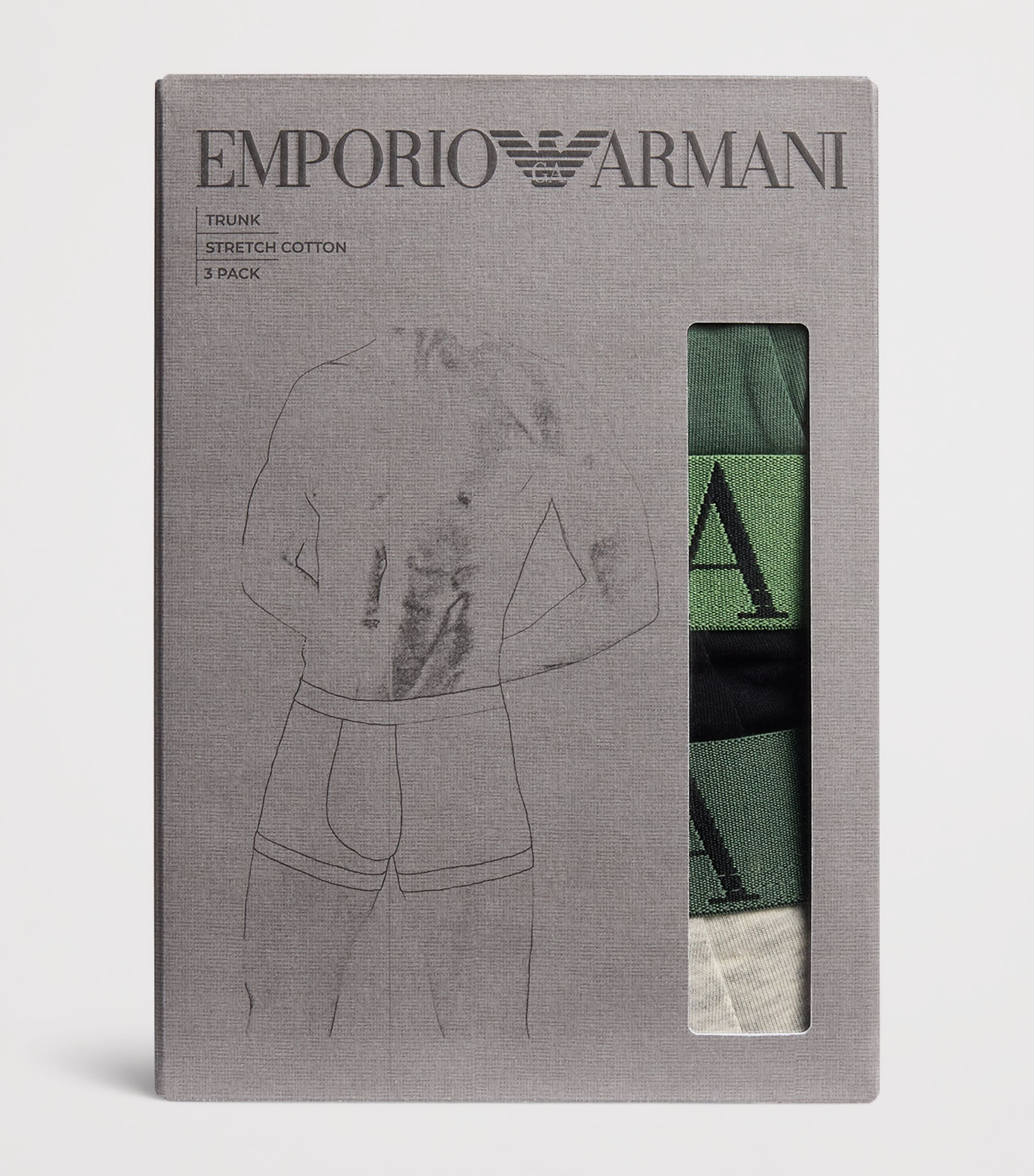 Emporio Armani Mens Stretch-Cotton Eagle Monogram Trunks (Pack of 3) Green/blk Image 4