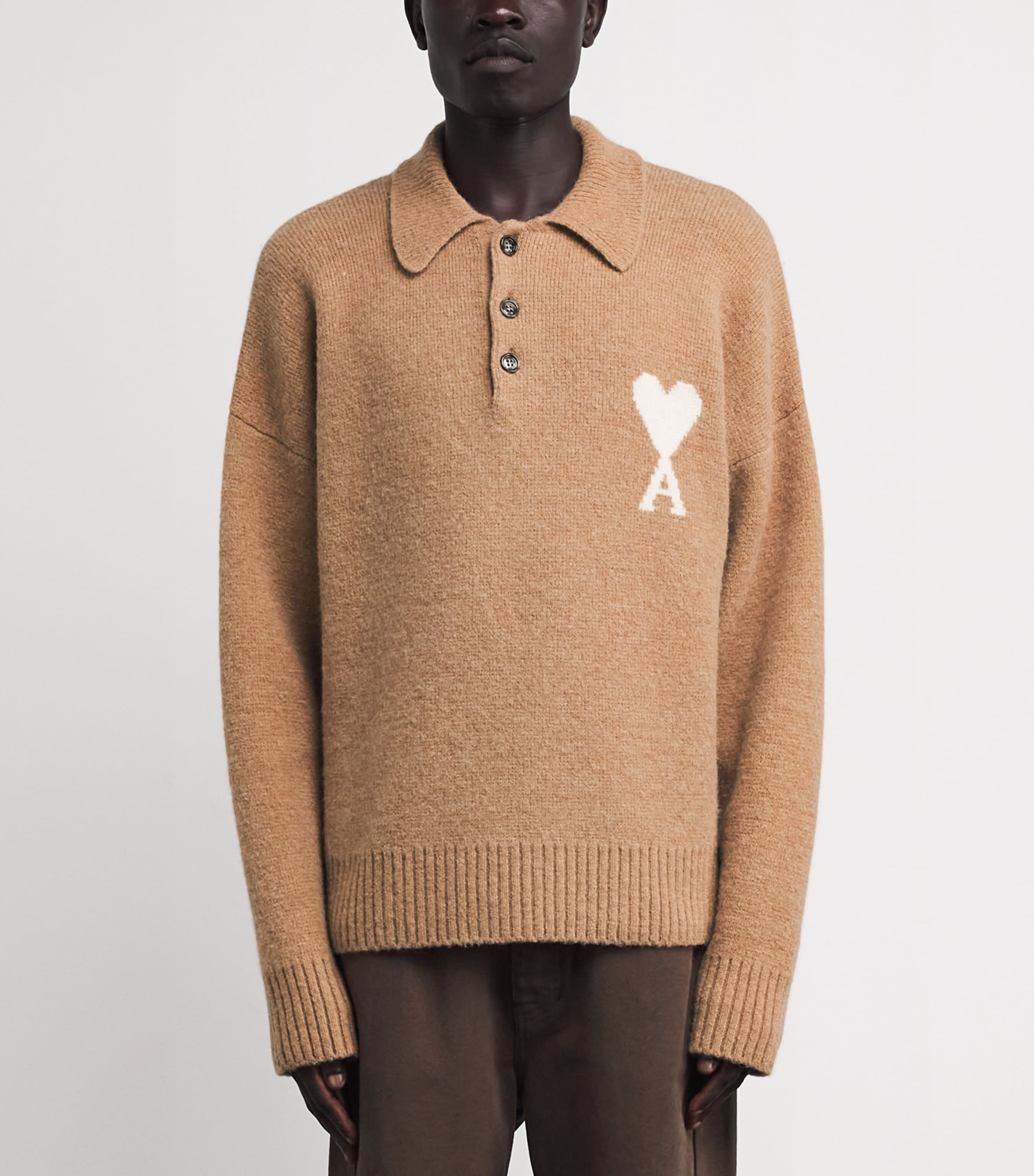 Alpaca-Blend Ami de Coeur Polo Sweater 287 - CAMEL/ECRU Image 3