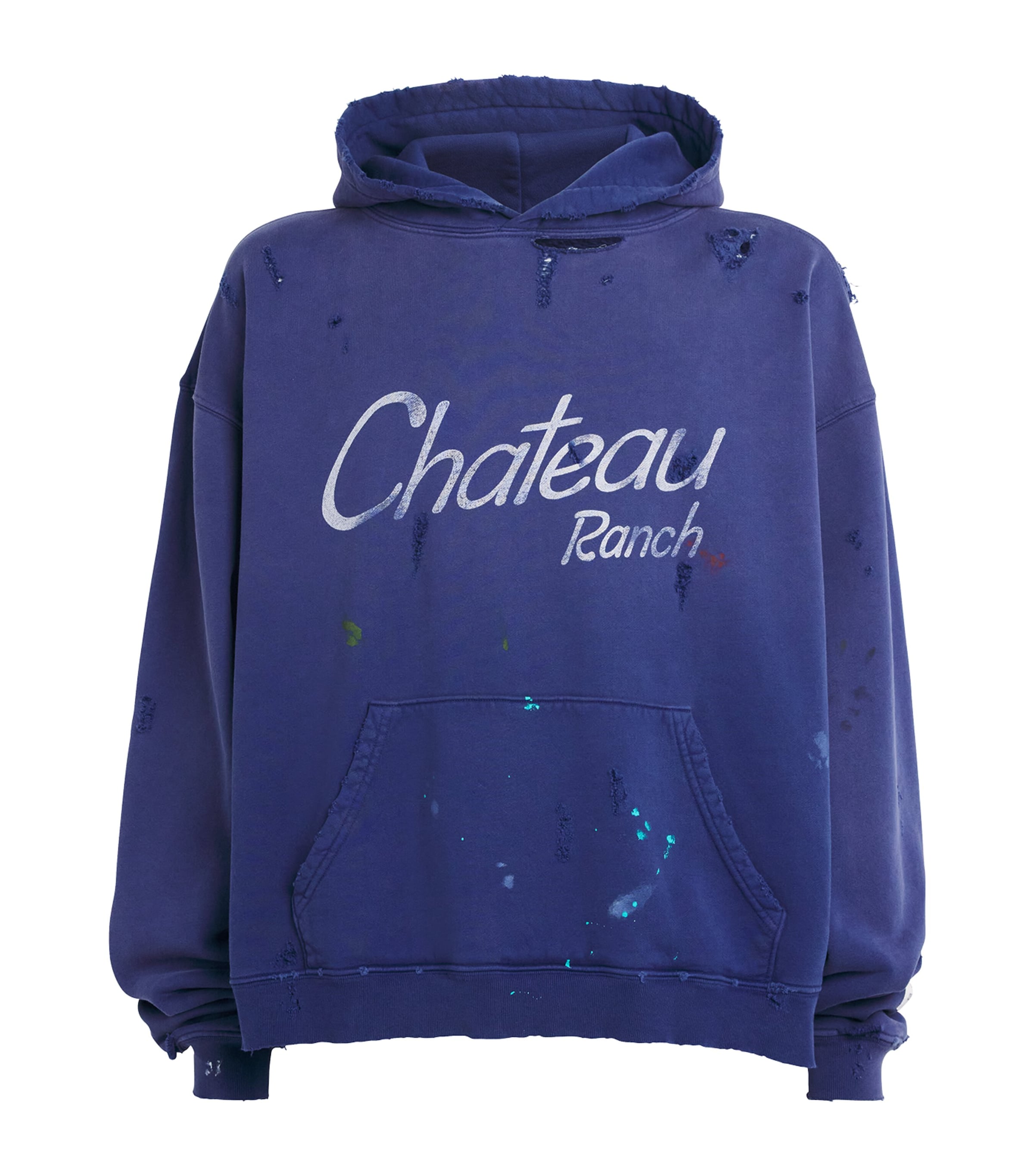 Gallery Dept. Chateau Ranch Distressed Paint-splattered Logo-print Supima Cotton-jersey Hoodie In Navy