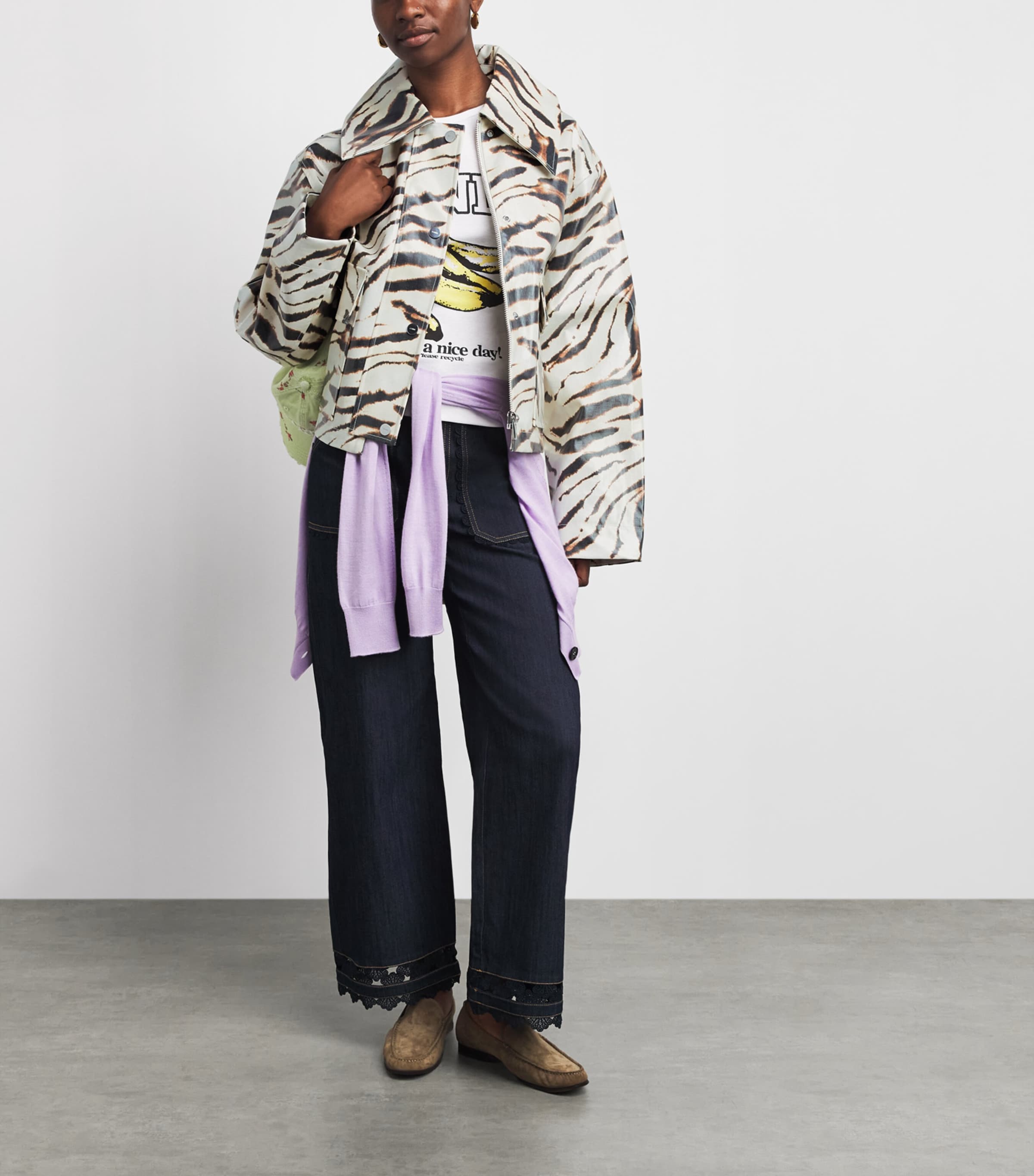 GANNI Womens Laminated Zebra Jacket Egret Image 2