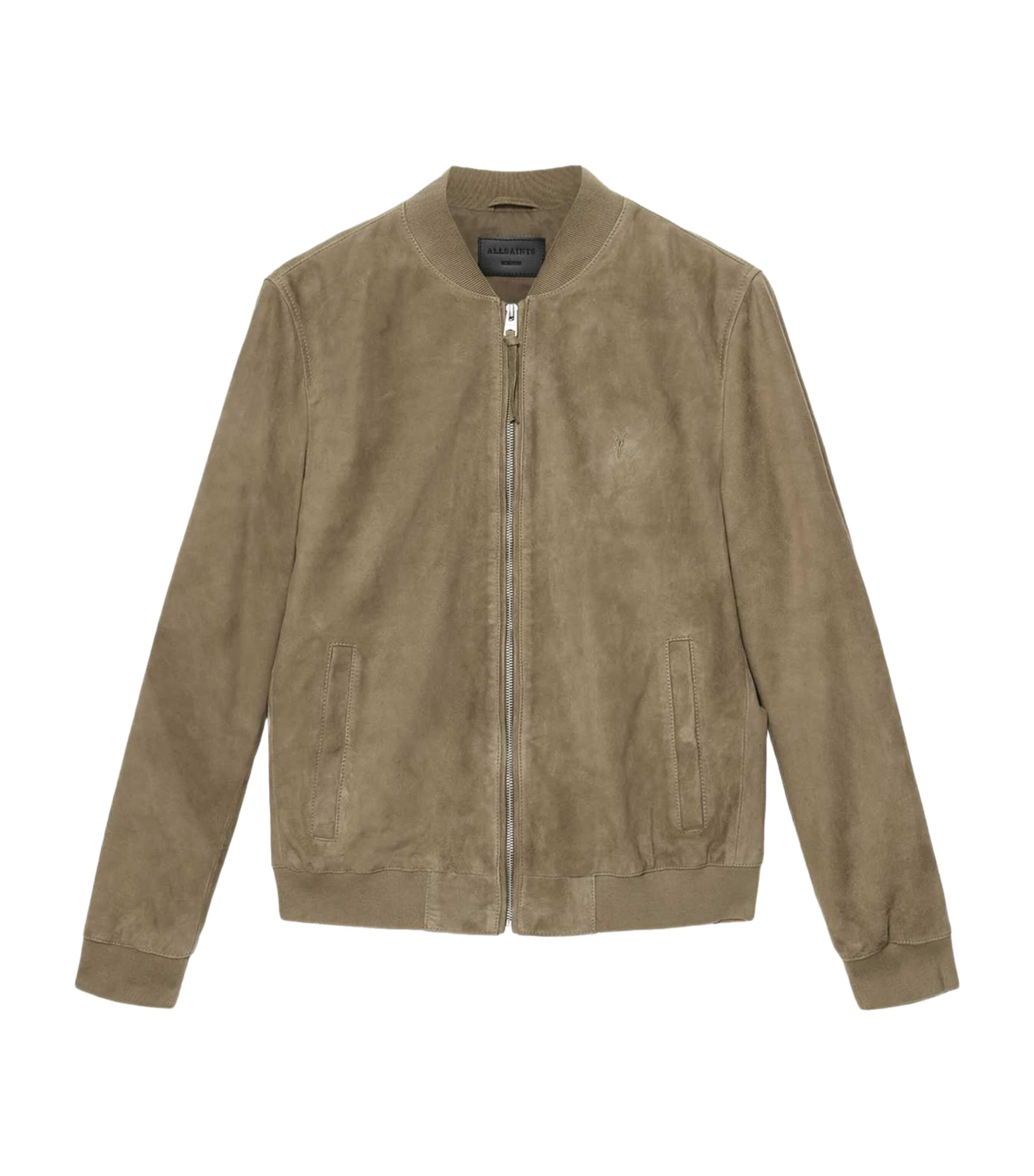 AllSaints Mens Suede Morten Bomber Jacket Olive Green Image 1