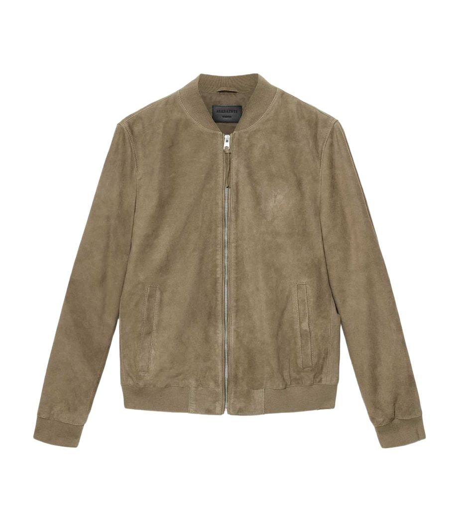 AllSaints Mens Suede Morten Bomber Jacket Olive Green Image 1
