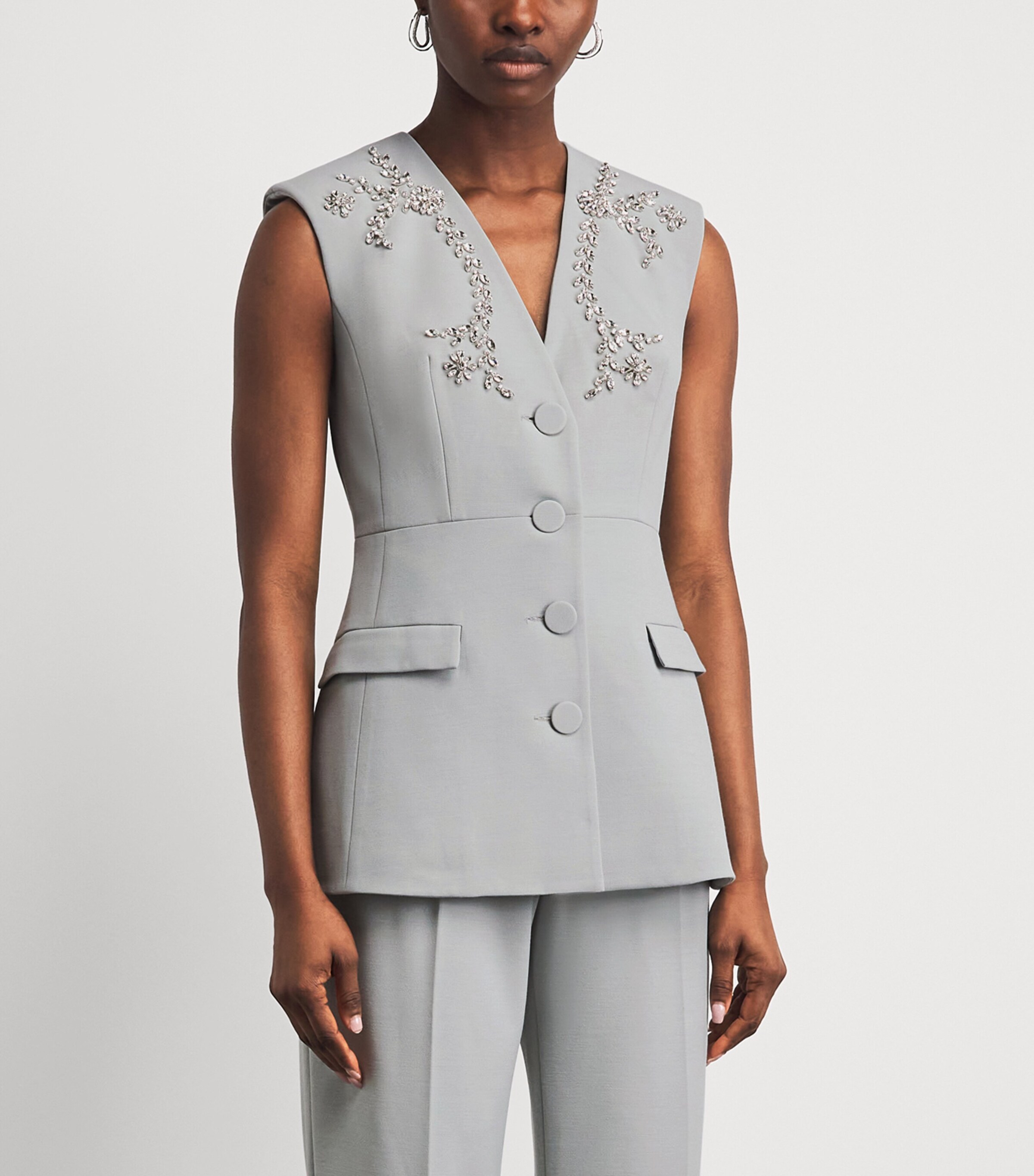 Huishan Zhang Womens Crepe Embellished Sigrid Sleeveless Jacket Grey Image 4