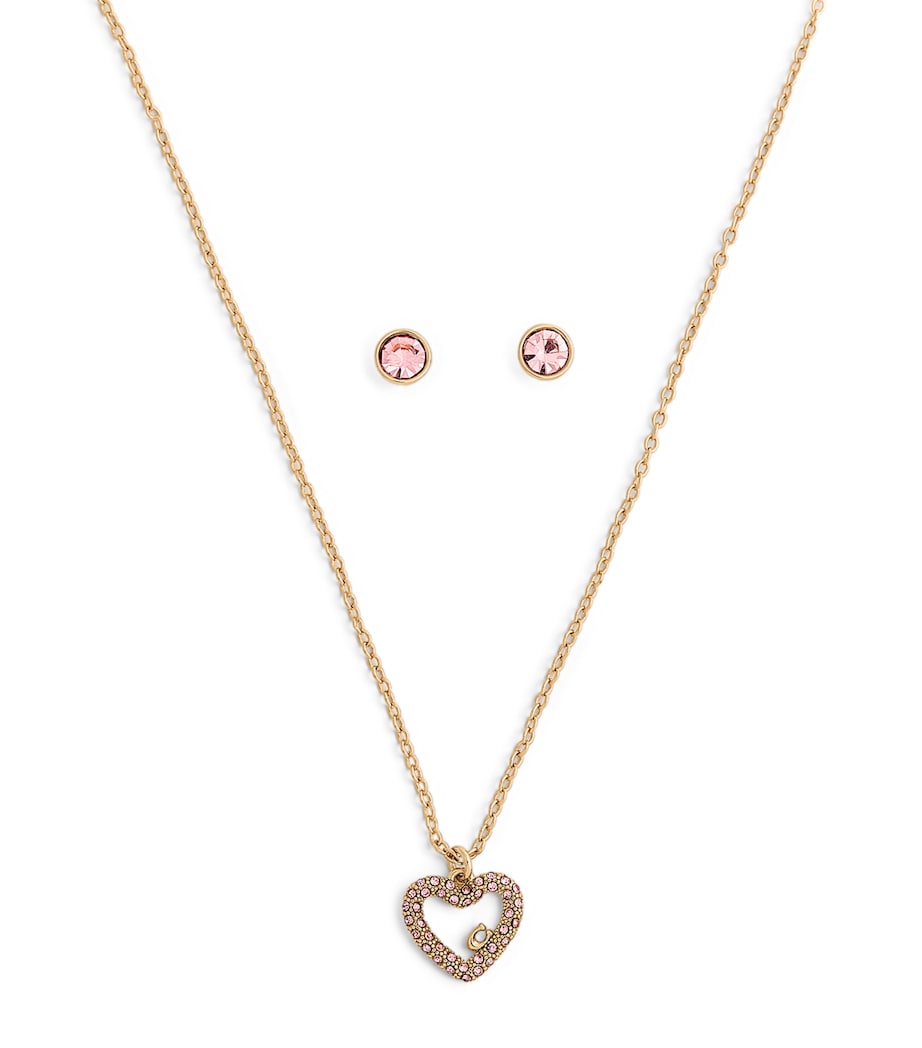 Coach Pavé Crystal Heart Necklace and Earrings Set Pink Image 3