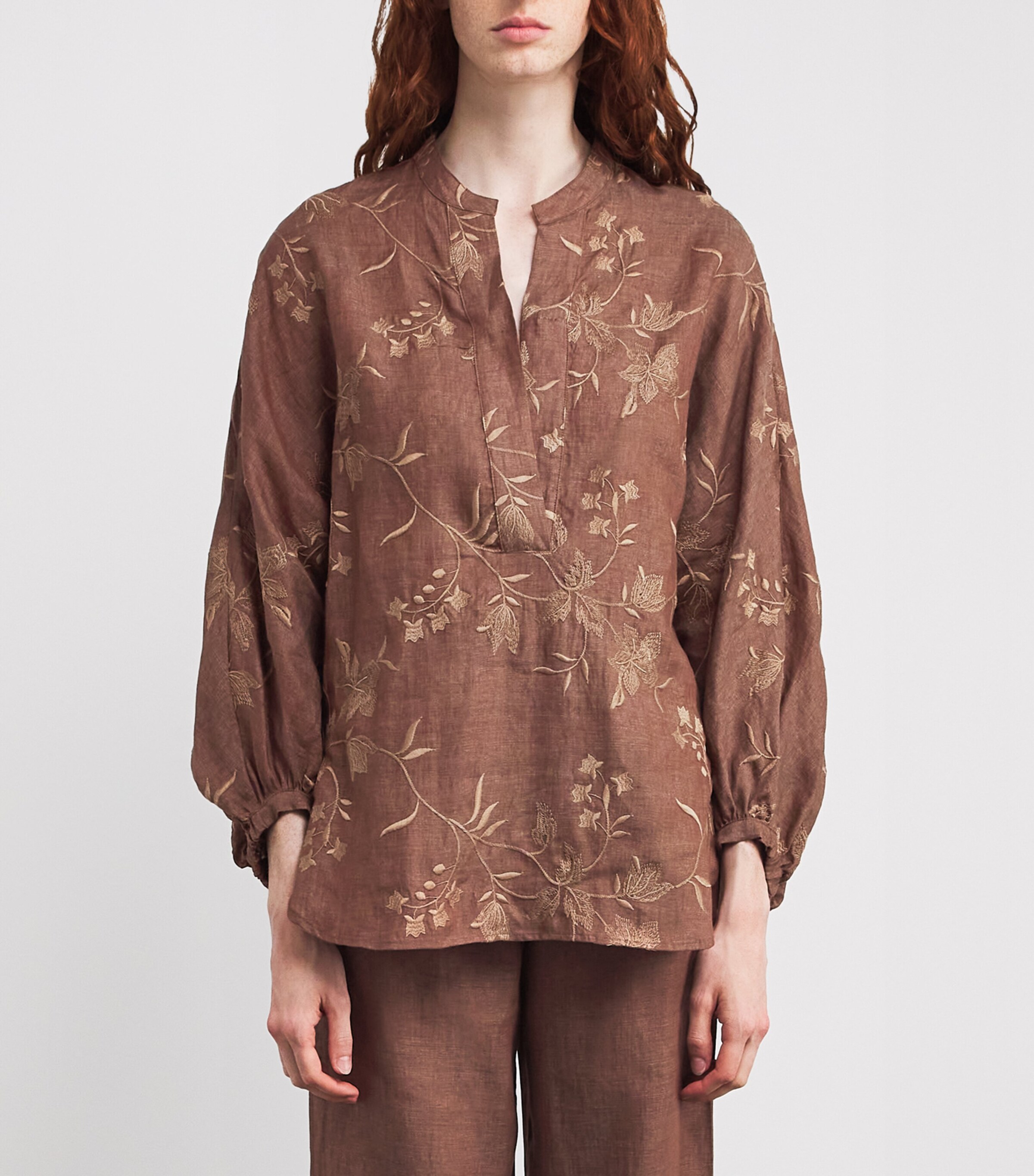 Eleventy Womens x Harrods Linen Floral-Embroidered Blouse Vicuna Image 3