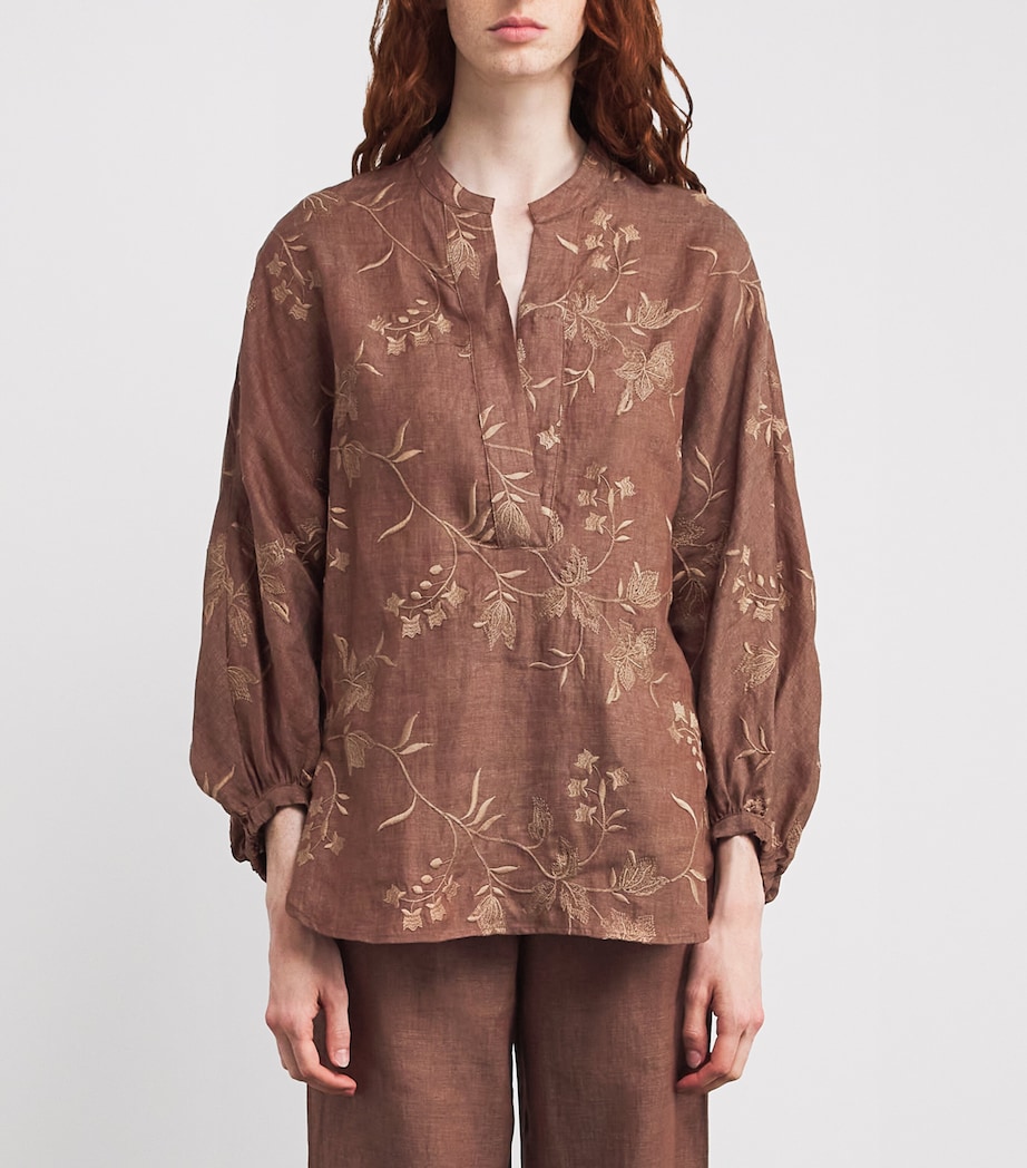 Eleventy Womens x Harrods Linen Floral-Embroidered Blouse Vicuna Image 3