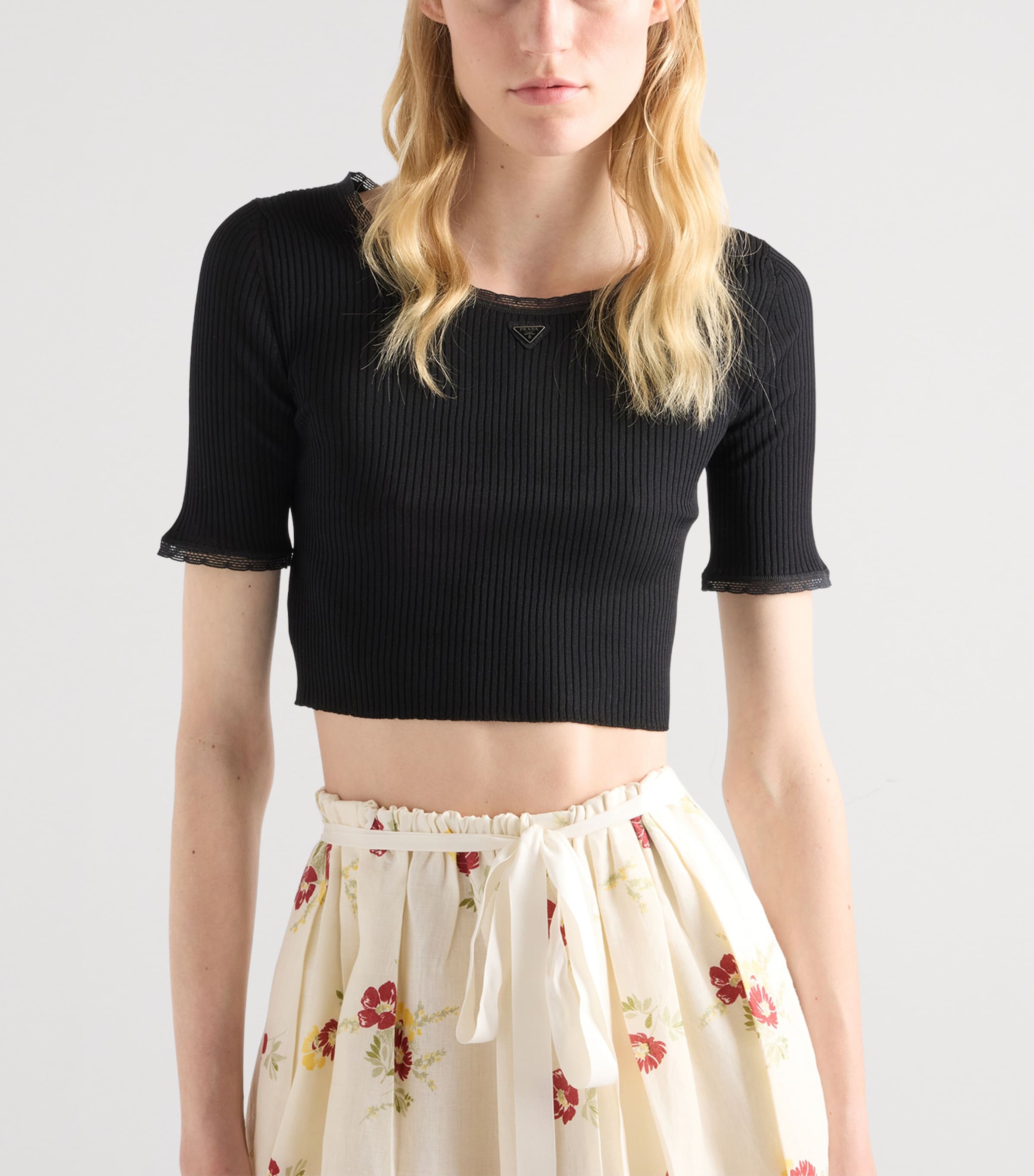 Prada Womens Cotton Short-Sleeve Crop Top Black Image 6