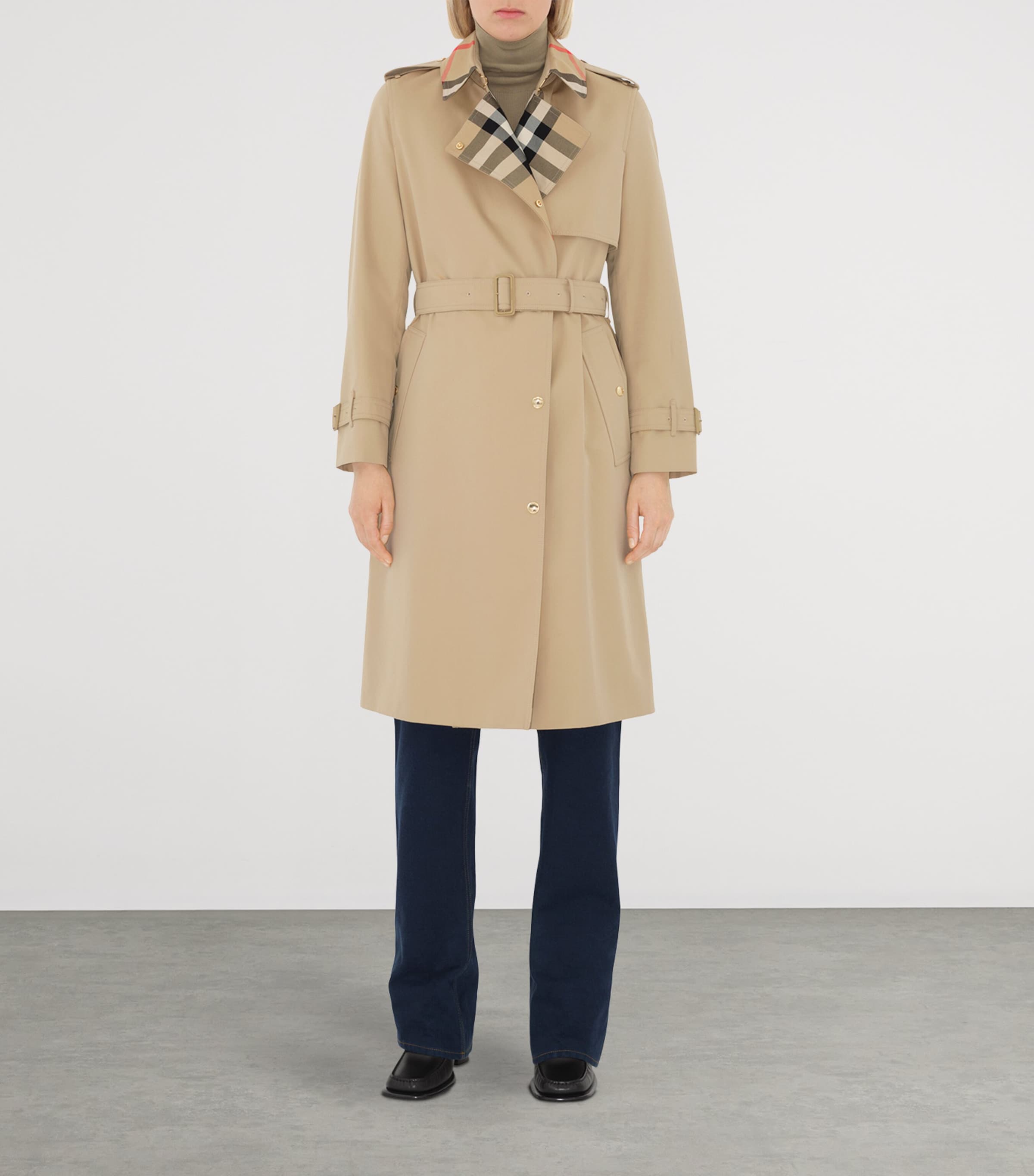 Cotton Gabardine Check-Collar Trench Coat HONEY Image 3