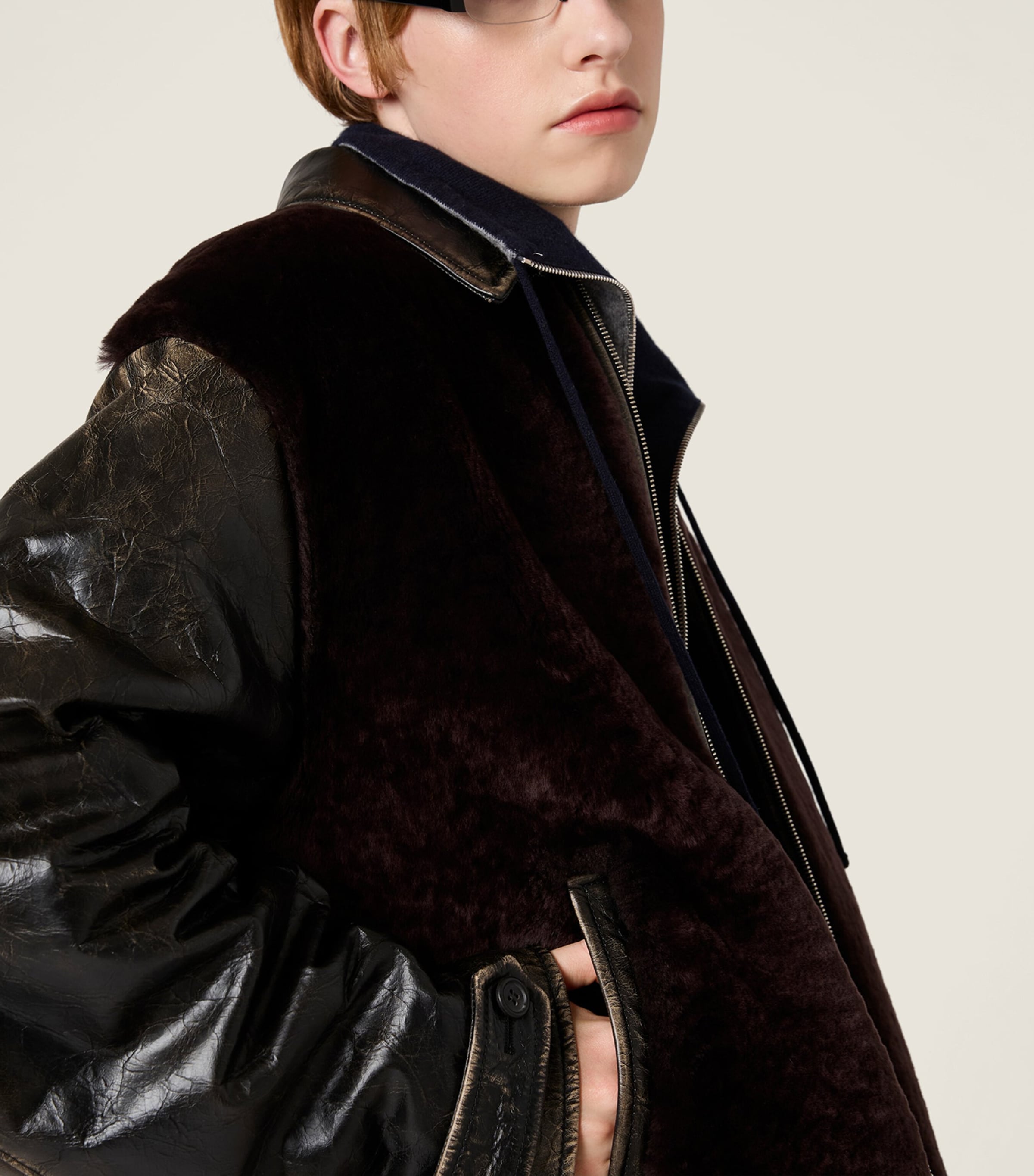 Miu Miu Womens Leather Shearling-Trim Jacket Black Image 6