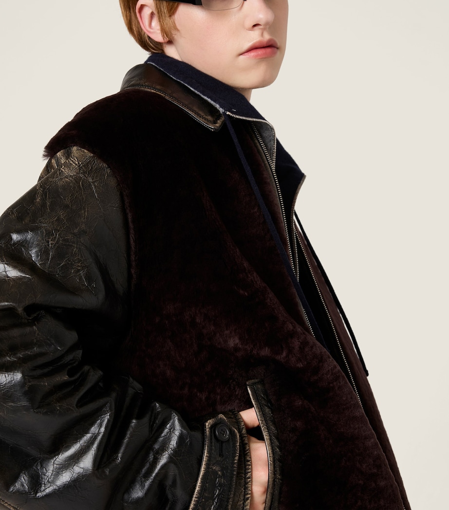 Miu Miu Womens Leather Shearling-Trim Jacket Black Image 6