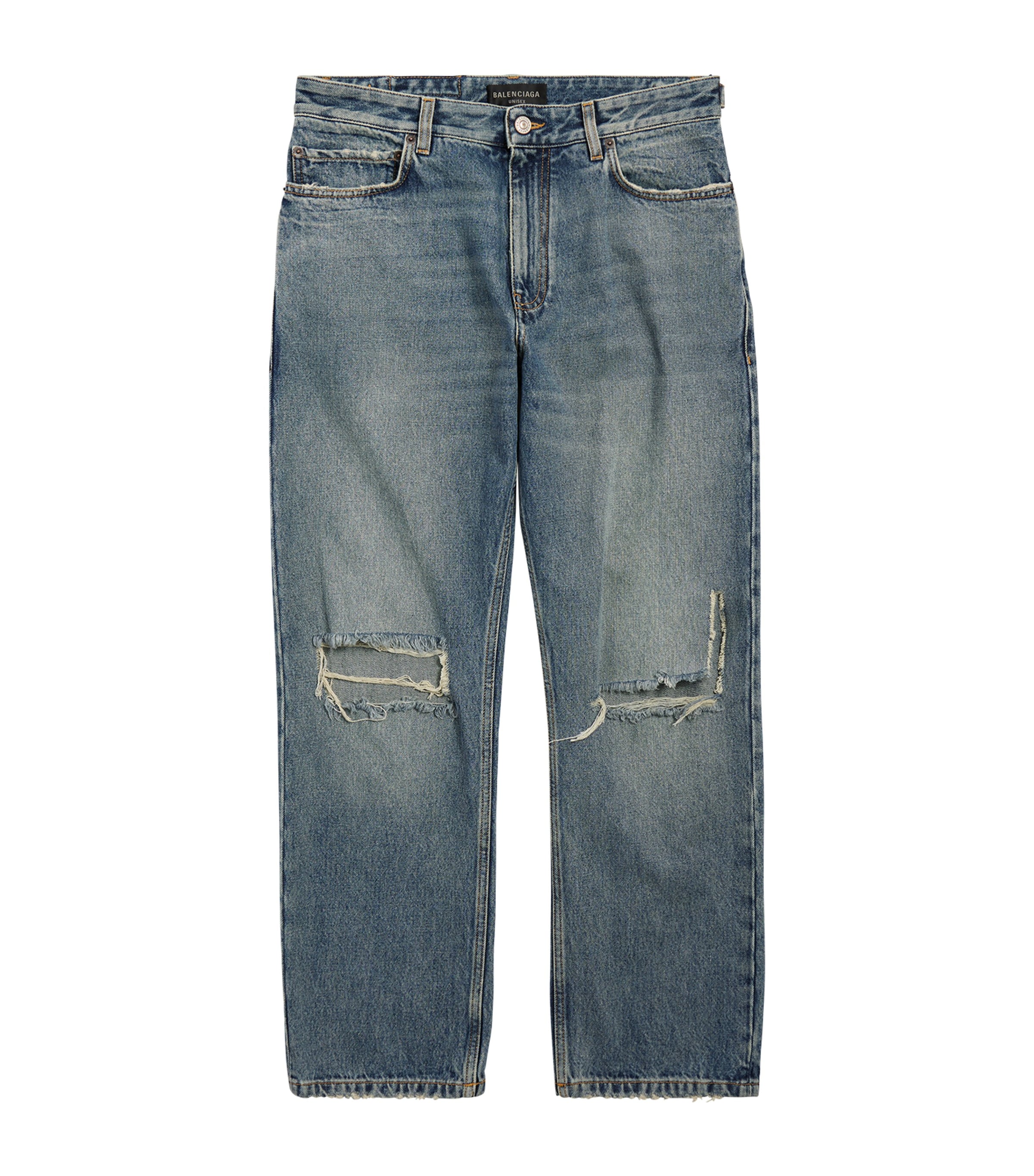 Balenciaga Distressed Buckled Straight Jeans In Blue