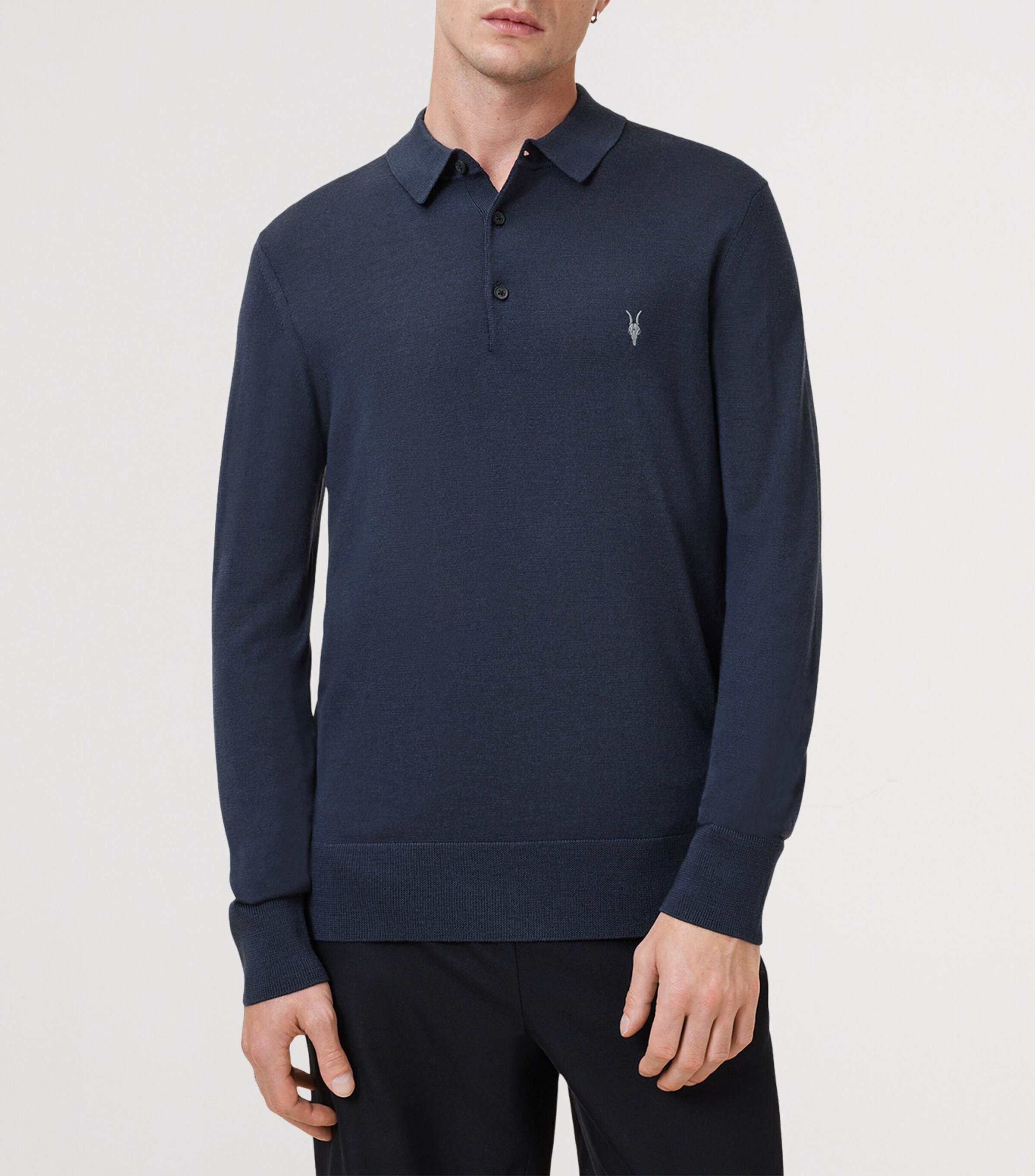 Merino Wool Long-Sleeve Mode Polo Shirt NAVY BLUE Image 3