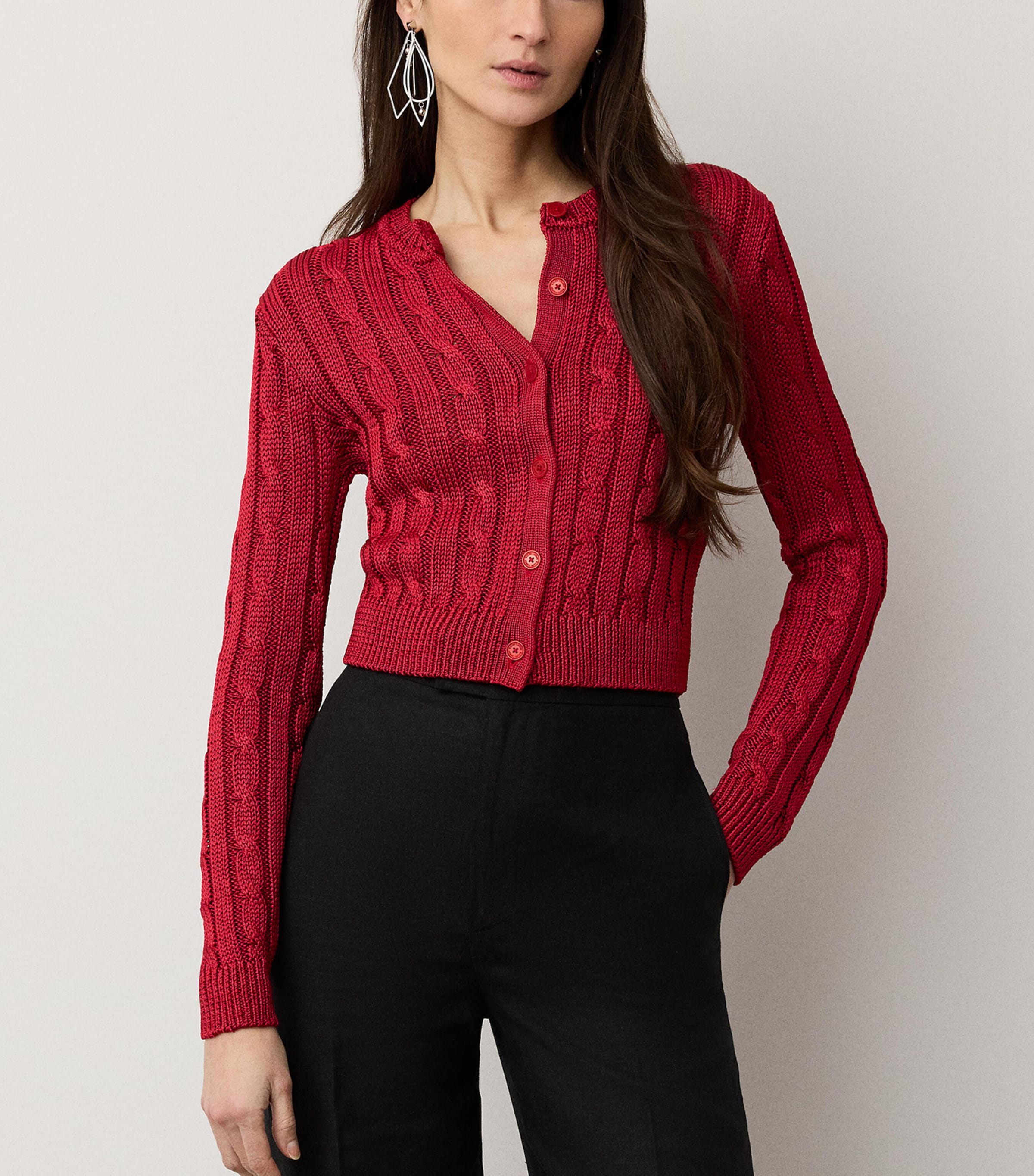 Ralph Lauren Collection Womens Silk Cable-Knit Cropped Cardigan Bright Red Image 2