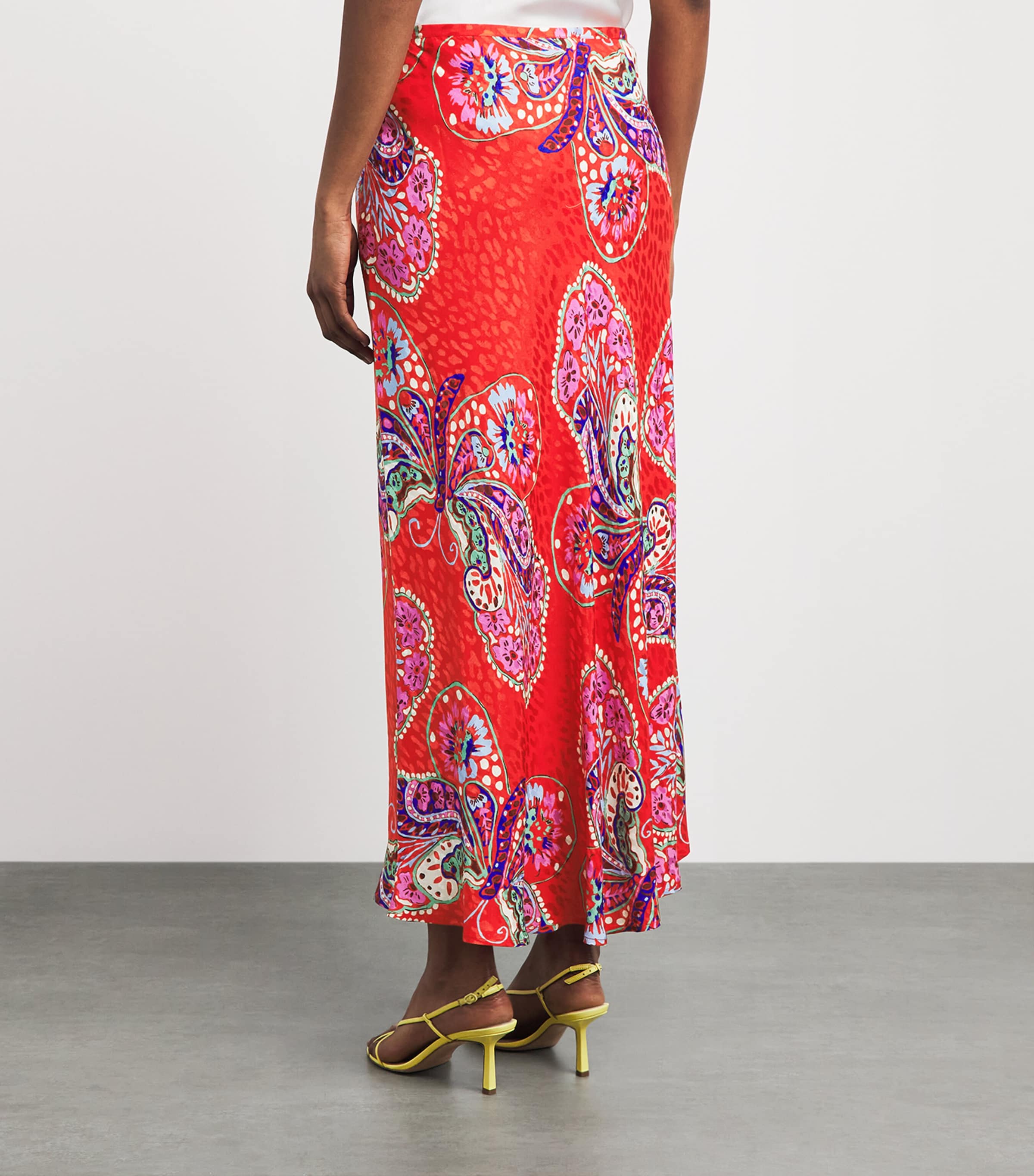Rixo Womens Satin Printed Kelly Midi Skirt Bttrfly Blm Jacq Red Image 5