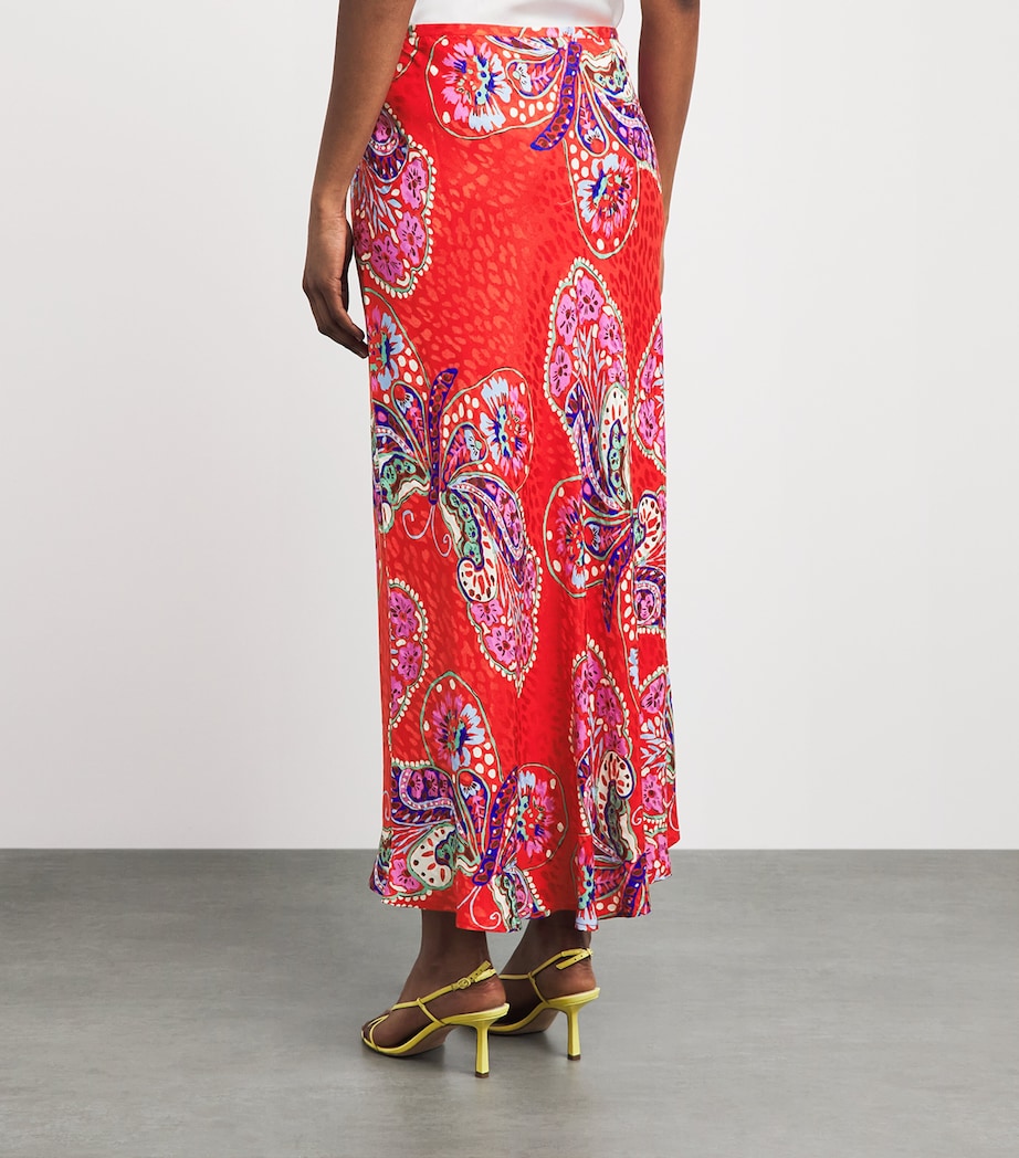 Rixo Womens Satin Printed Kelly Midi Skirt Bttrfly Blm Jacq Red Image 5