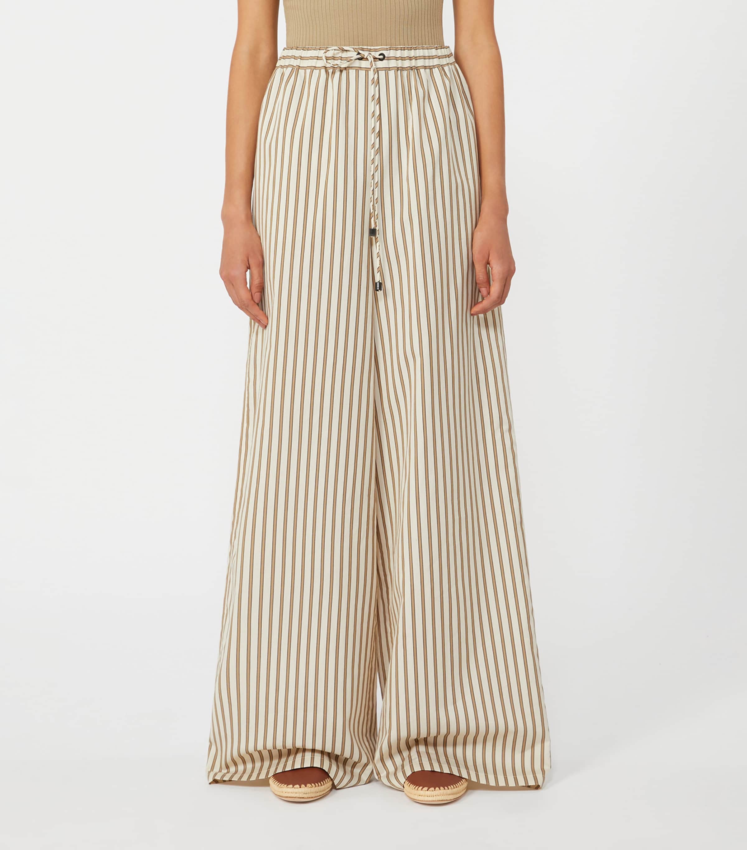Max Mara Womens Cotton-Silk Stripe Drawstring Trousers Beige Image 3