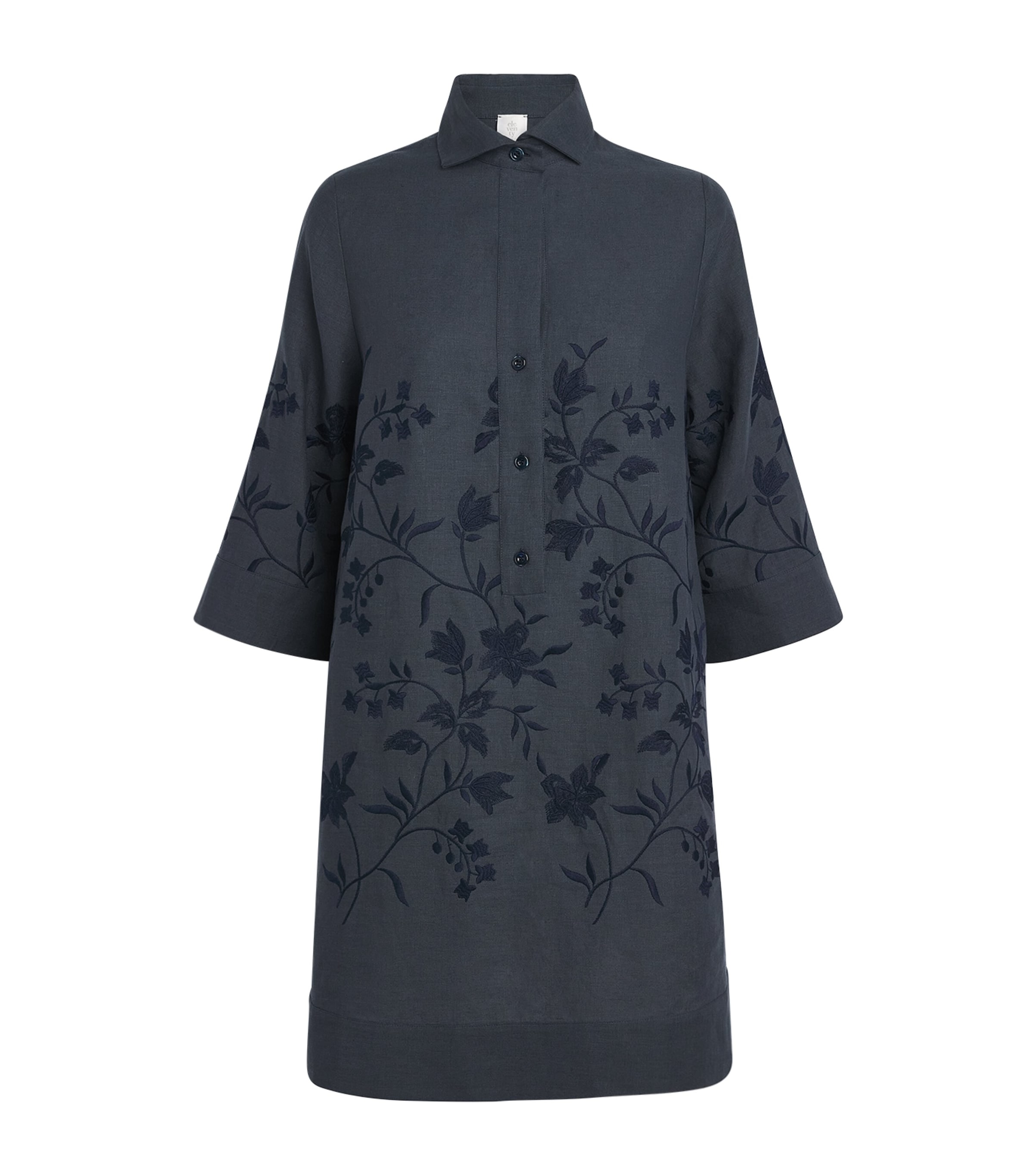 Eleventy Linen Embroidered Mini Shirt Dress In Blue