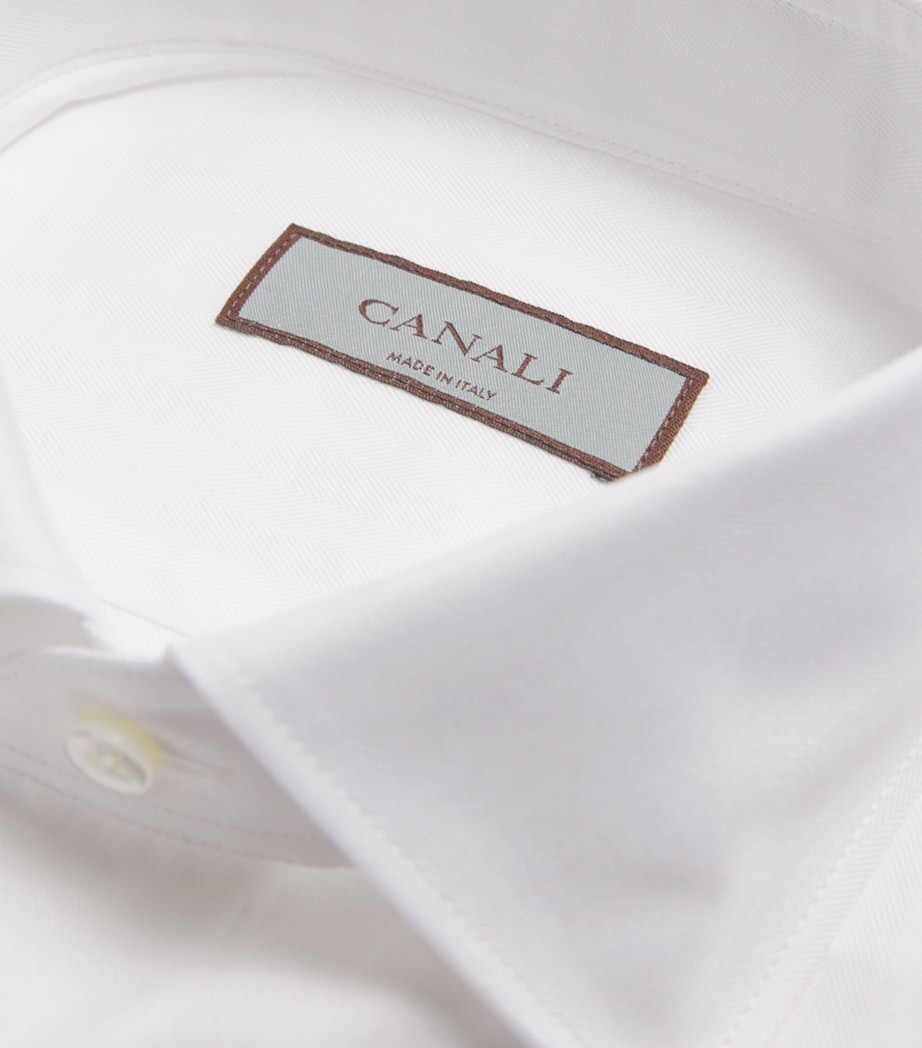 Canali Mens Cotton Herringbone Shirt White Image 6