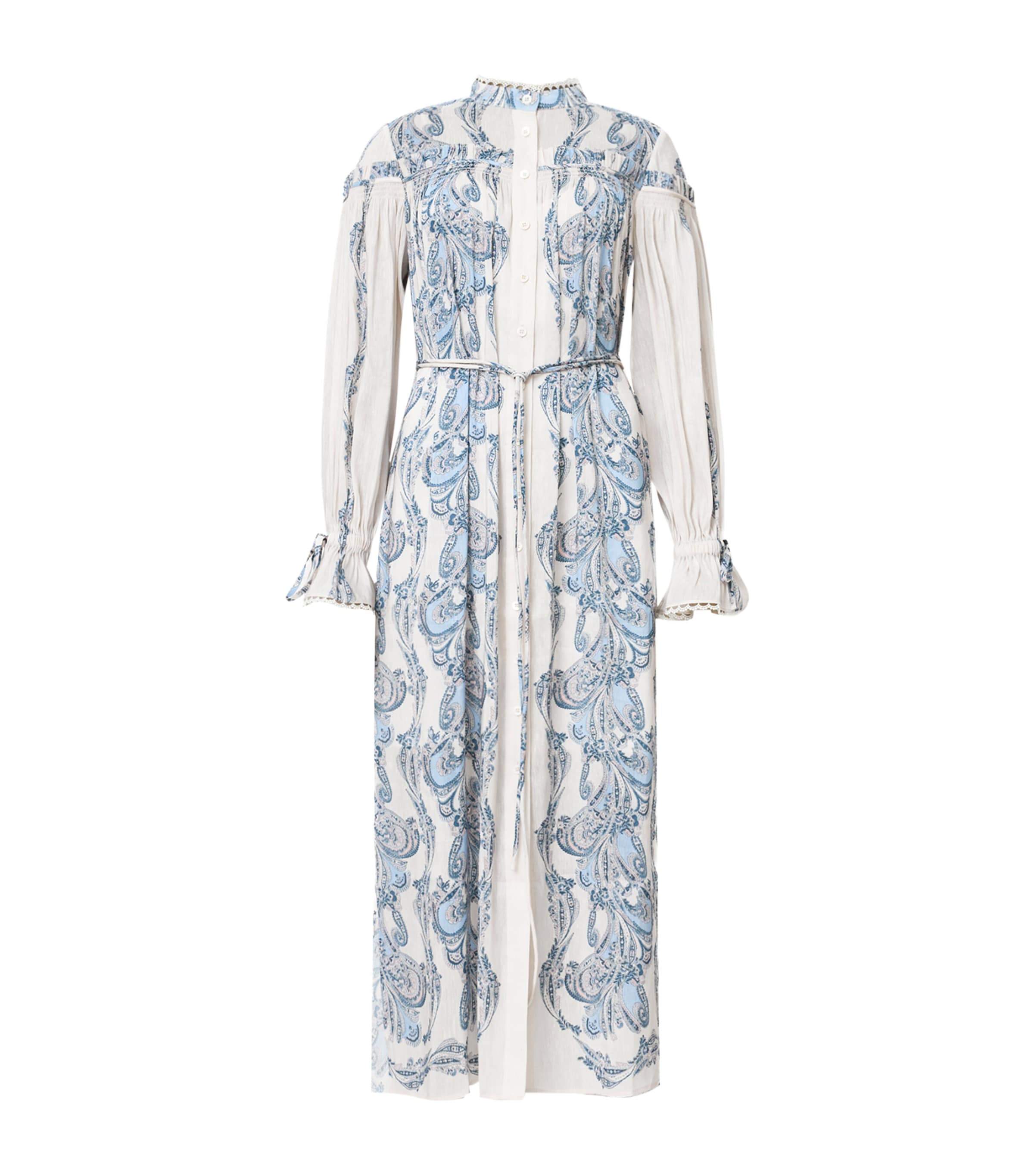 Allsaints Womens Delphine Floral-print Linen-blend Midi Shirt Dress Lita Soft Blue In Blue