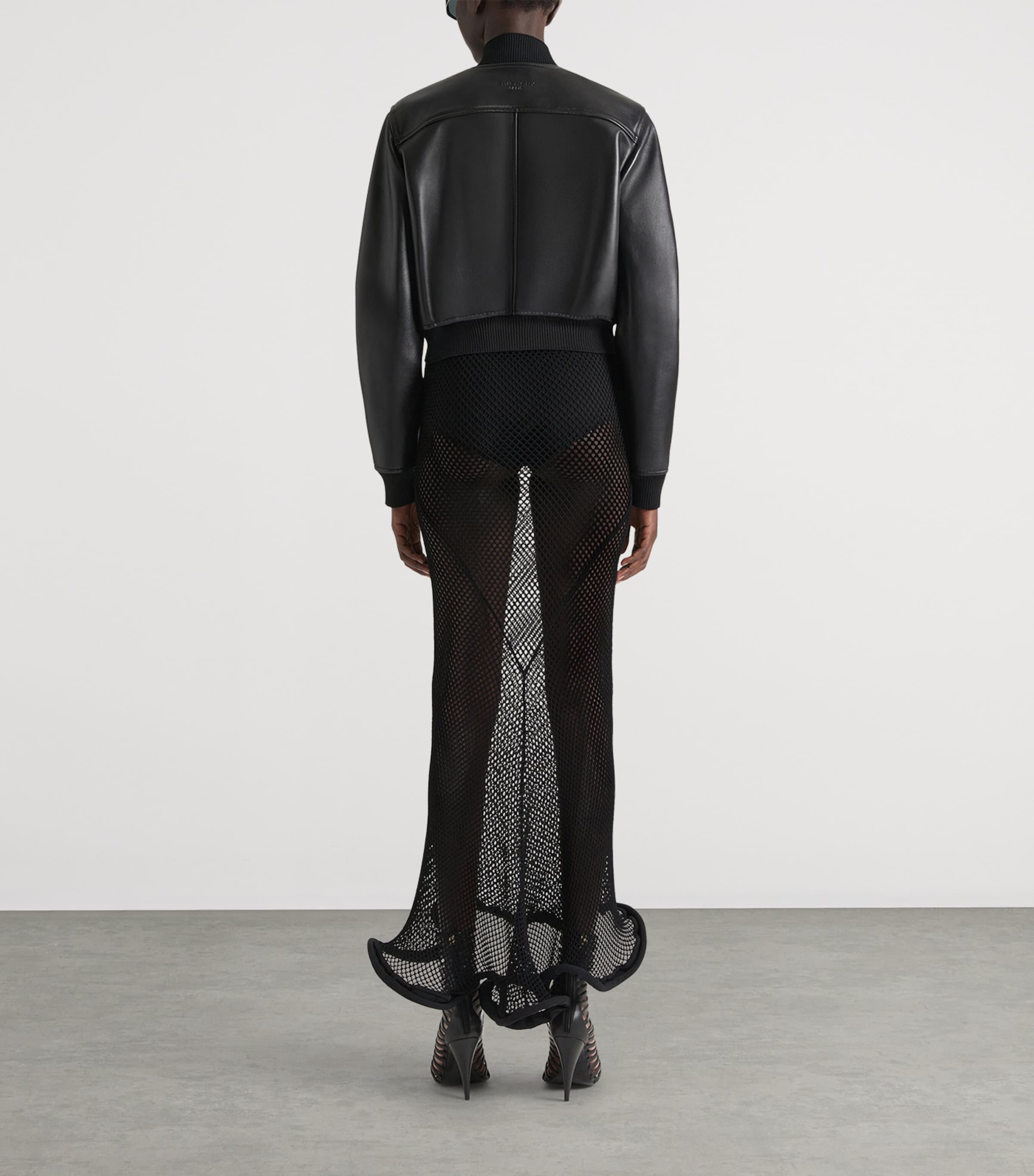 Leather Cropped Bomber Jacket BLACK Image 3