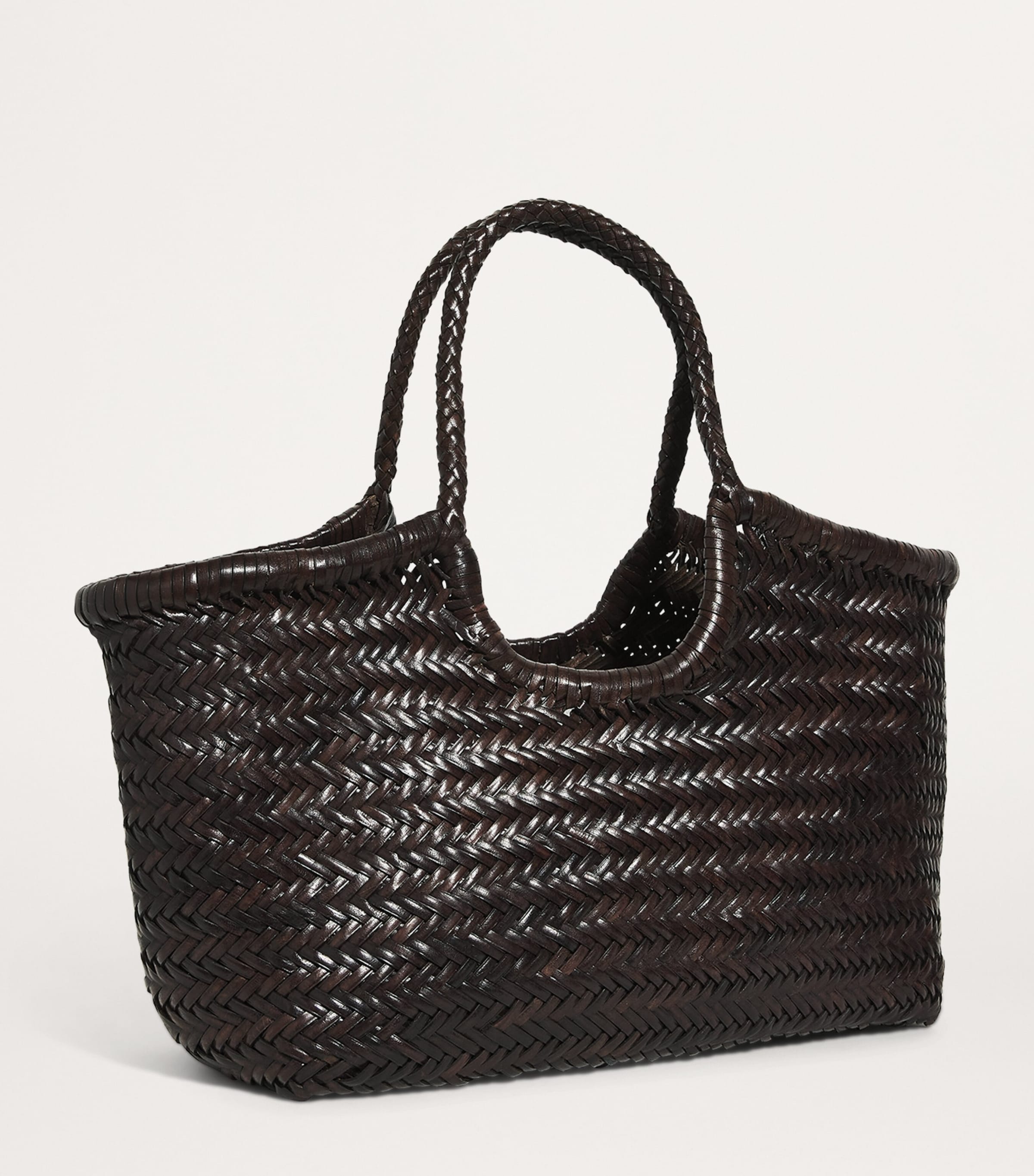 Large Leather Woven Nantucket Tote Bag DARK BROWN Image 3