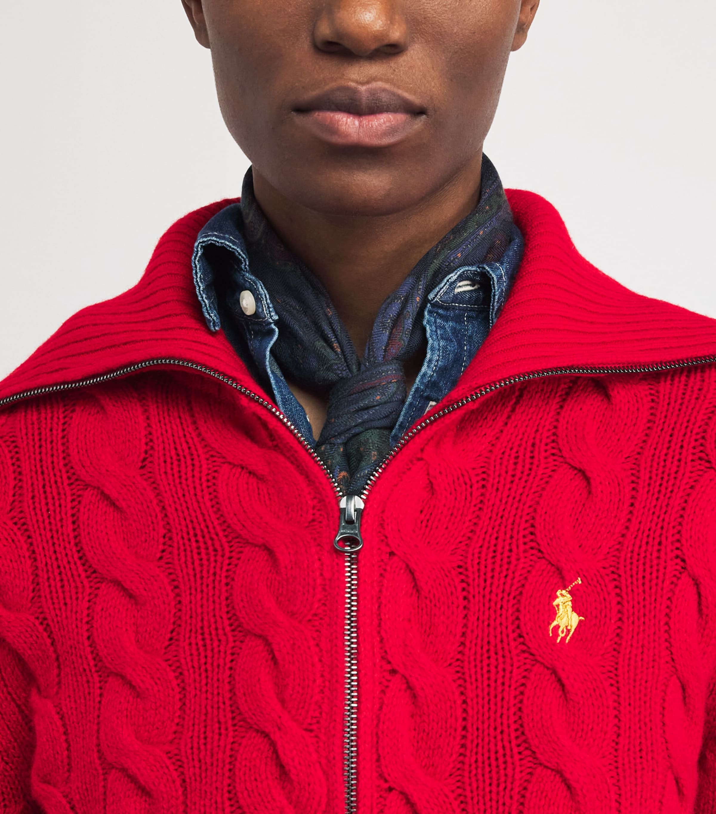 Cotton Cable-Knit Zip-Up Sweater RL2000 RED Image 6