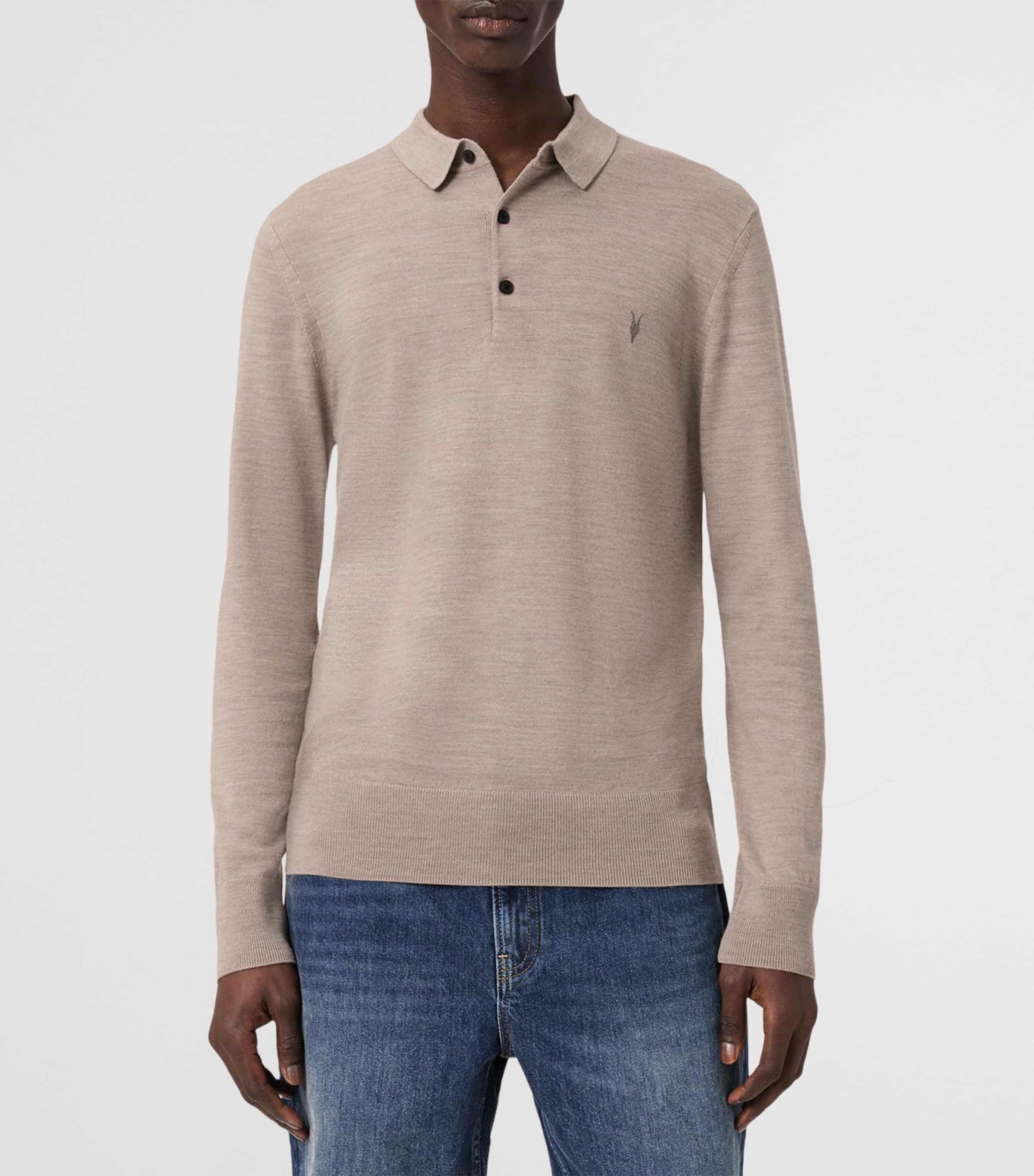 AllSaints Mens Merino Wool Mode Polo Shirt Stone Taupe Image 3
