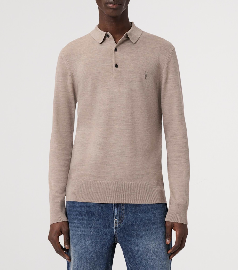 AllSaints Mens Merino Wool Mode Polo Shirt Stone Taupe Image 3