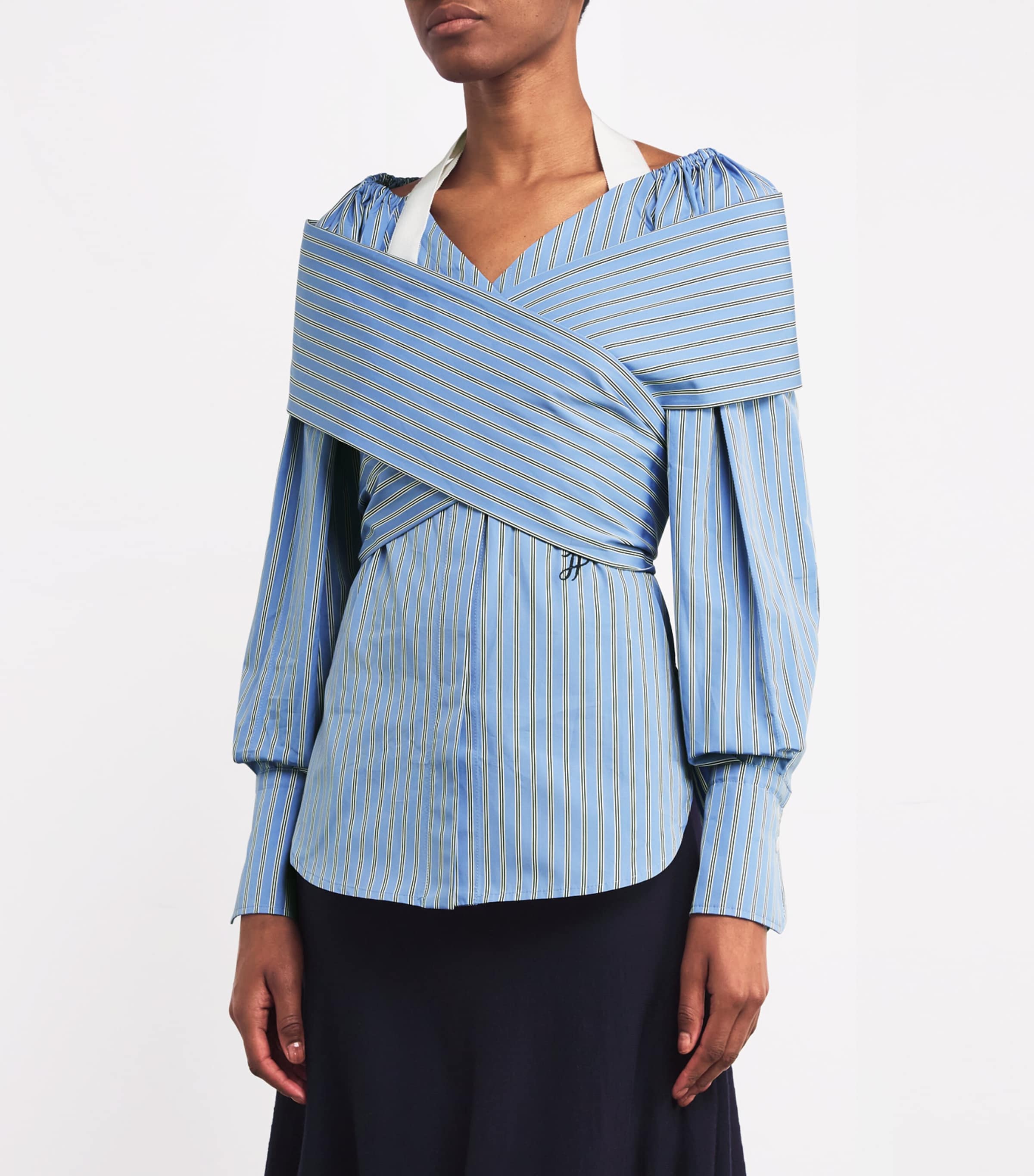 Patou Womens Cotton Striped Draped Blouse Heritage Blue Image 3