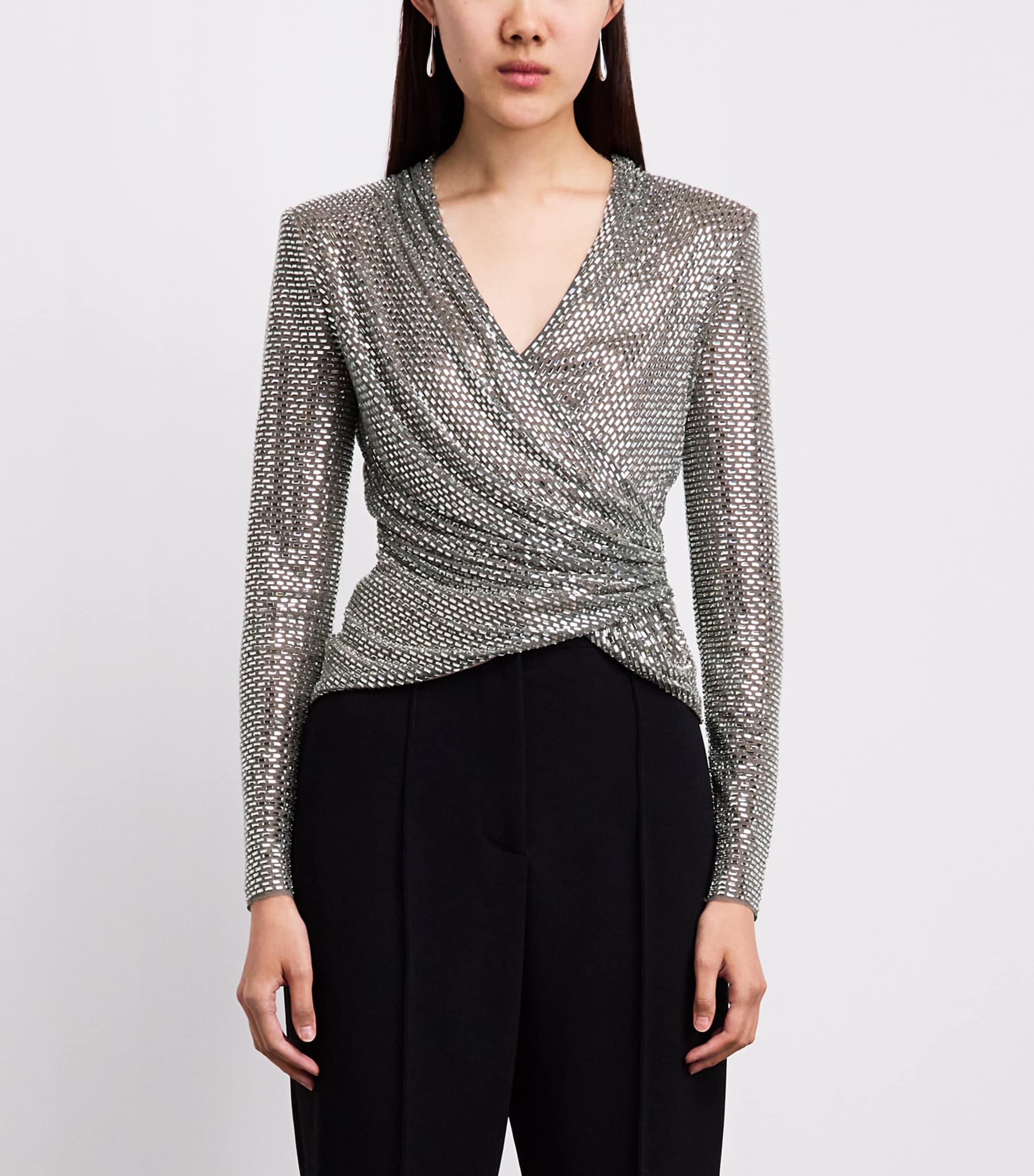 Self-Portrait Womens Rhinestone-Embellished Wrap Top Grey Image 4