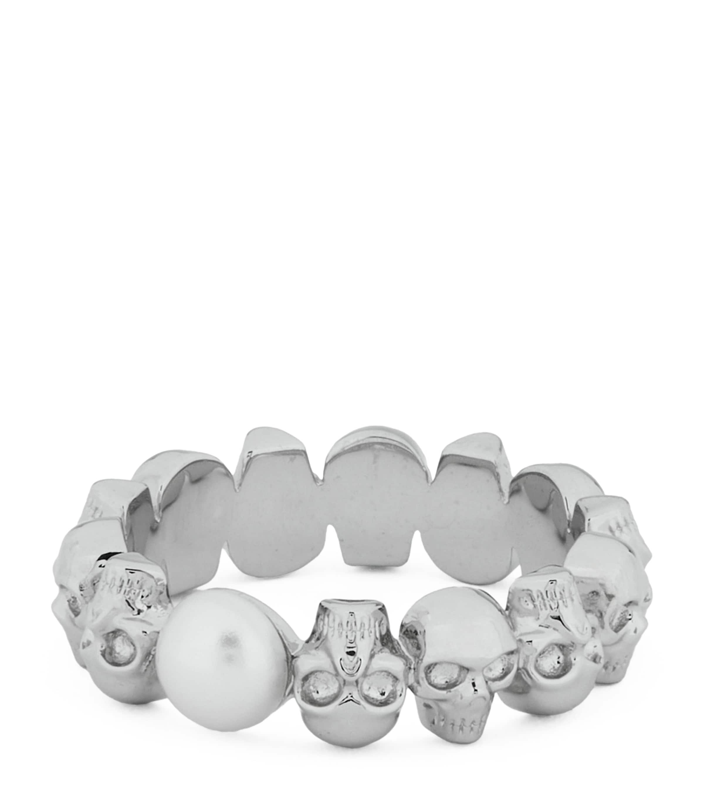 Alexander Mcqueen Palladium-plated Skull And Pearl Ring In Metallic