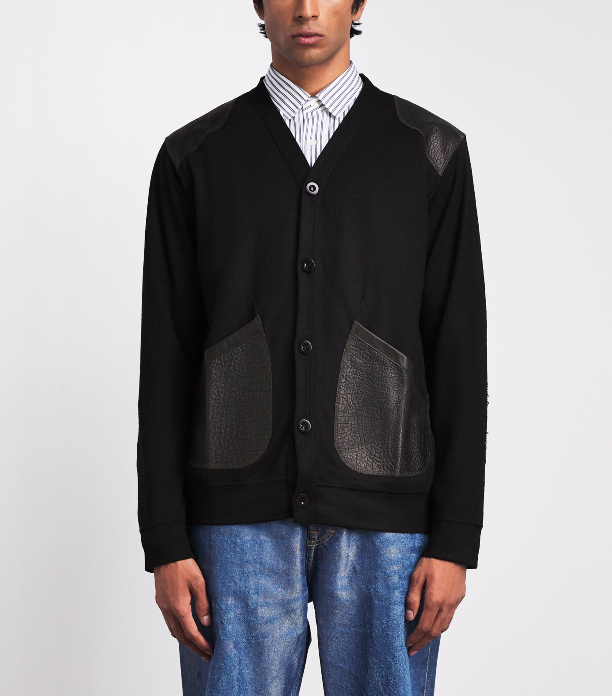 Junya Watanabe MAN Mens Wool Leather-Patch Cardigan Black X Black Image 4