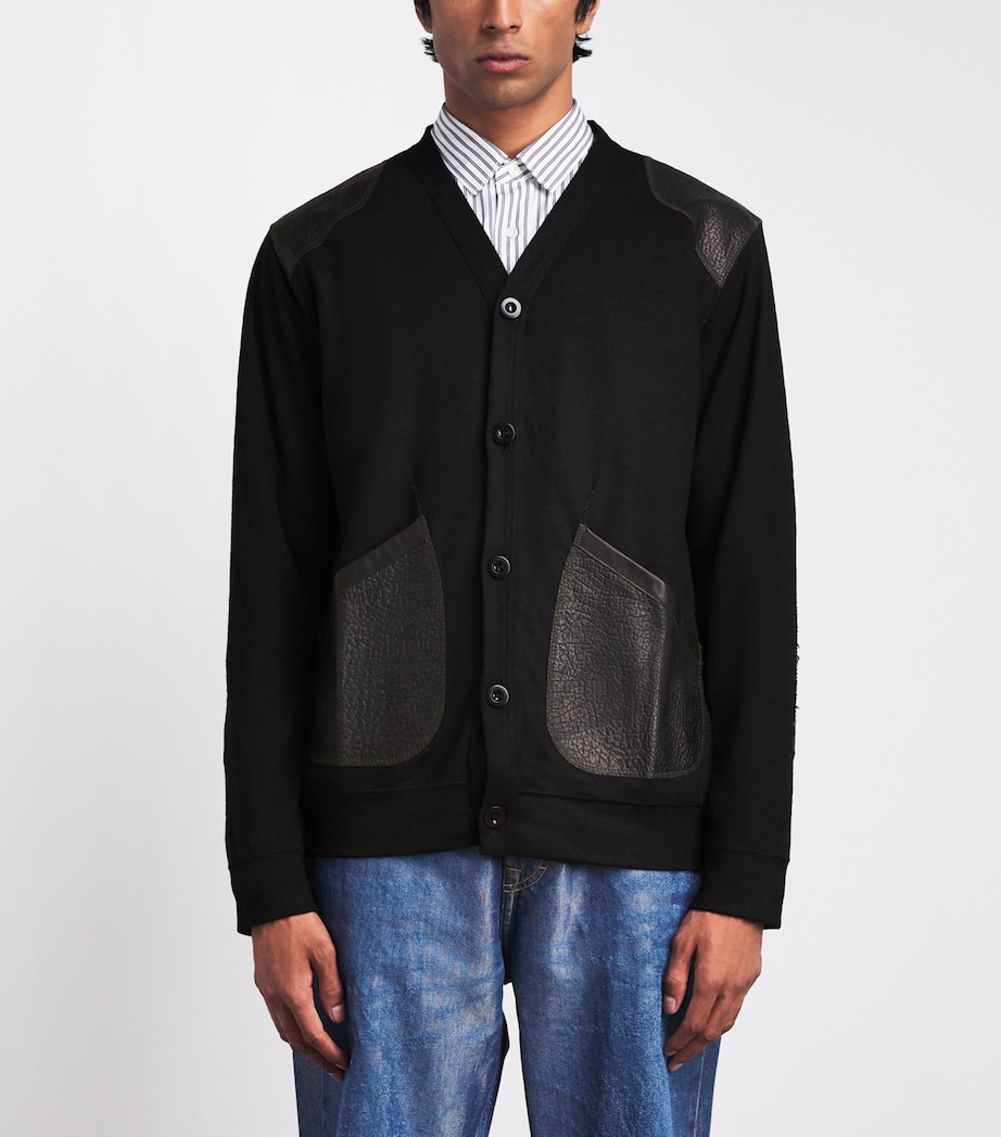 Junya Watanabe MAN Mens Wool Leather-Patch Cardigan Black X Black Image 4