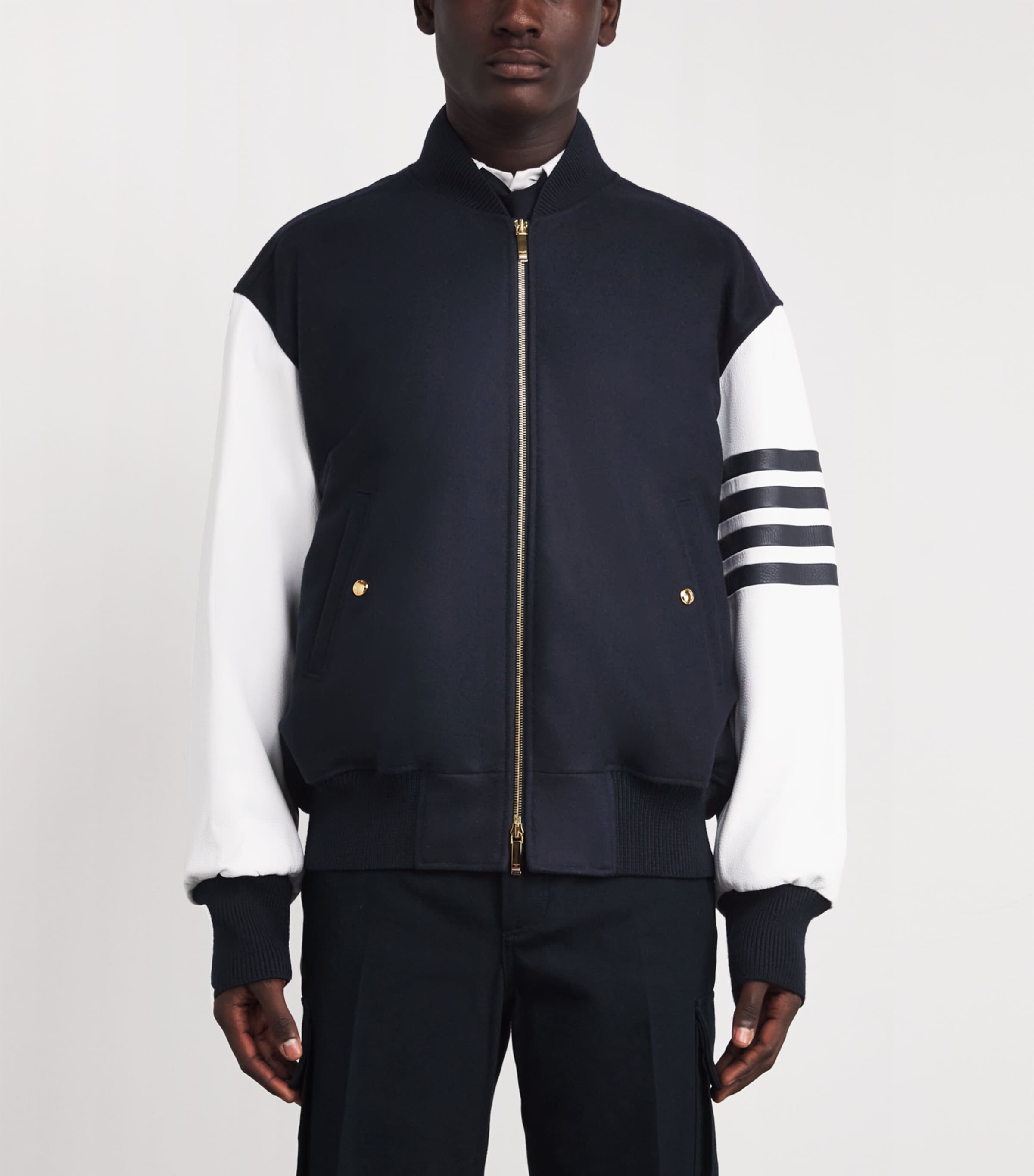 Wool-Leather 4-Bar Oversized Bomber Jacket NAVY Image 3