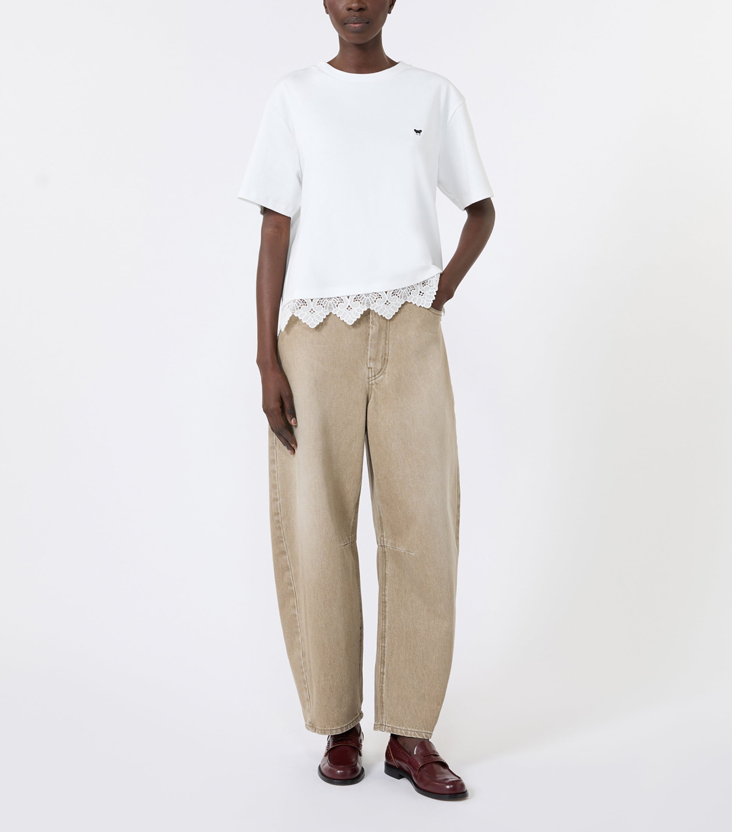 Weekend Max Mara Womens Cotton Lace-Hem T-Shirt White Image 5