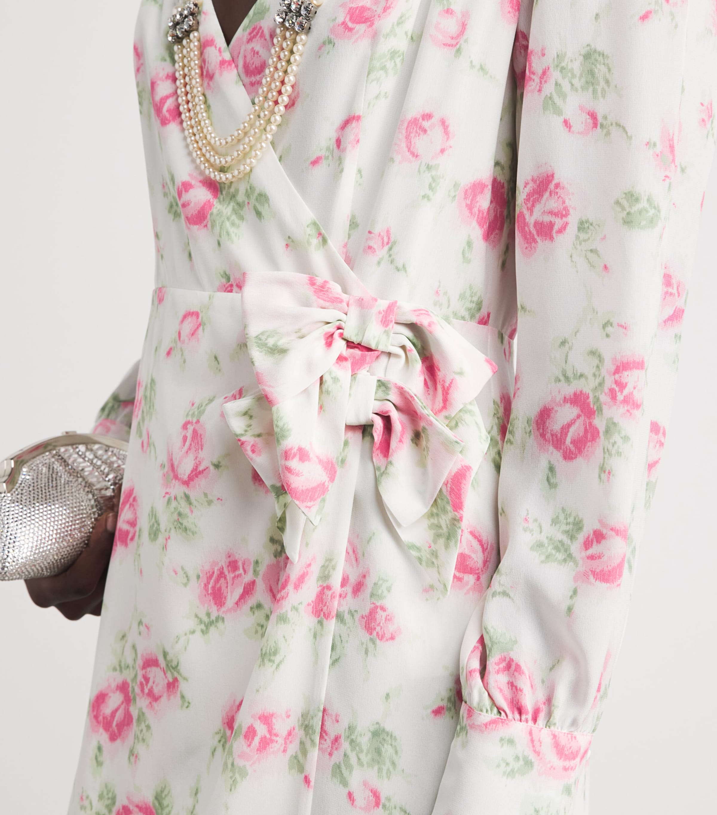 Alessandra Rich Womens Silk Floral Bow-Detail Midi Dress Pink White Image 5