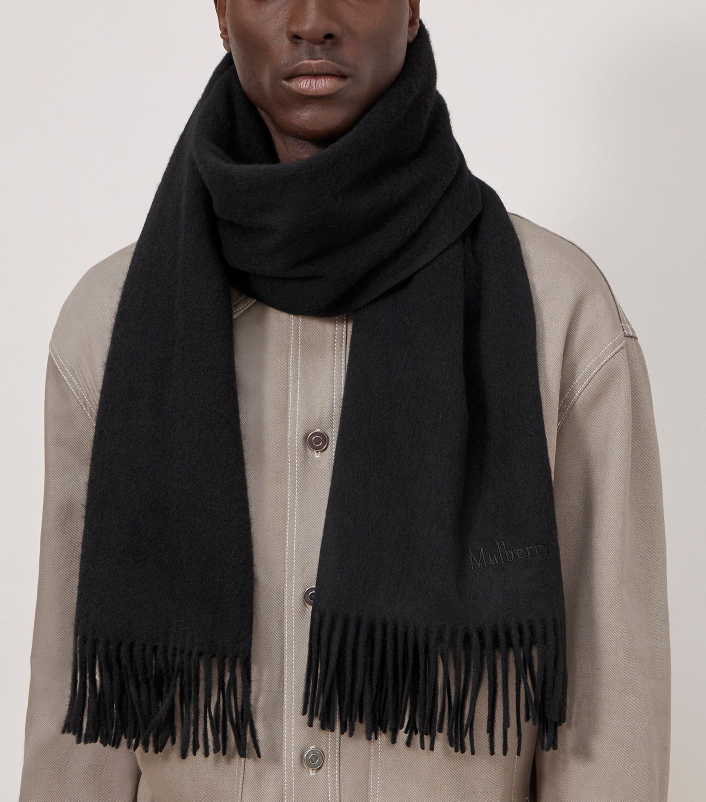 Mulberry Merino Wool Fringed Scarf Black Image 2