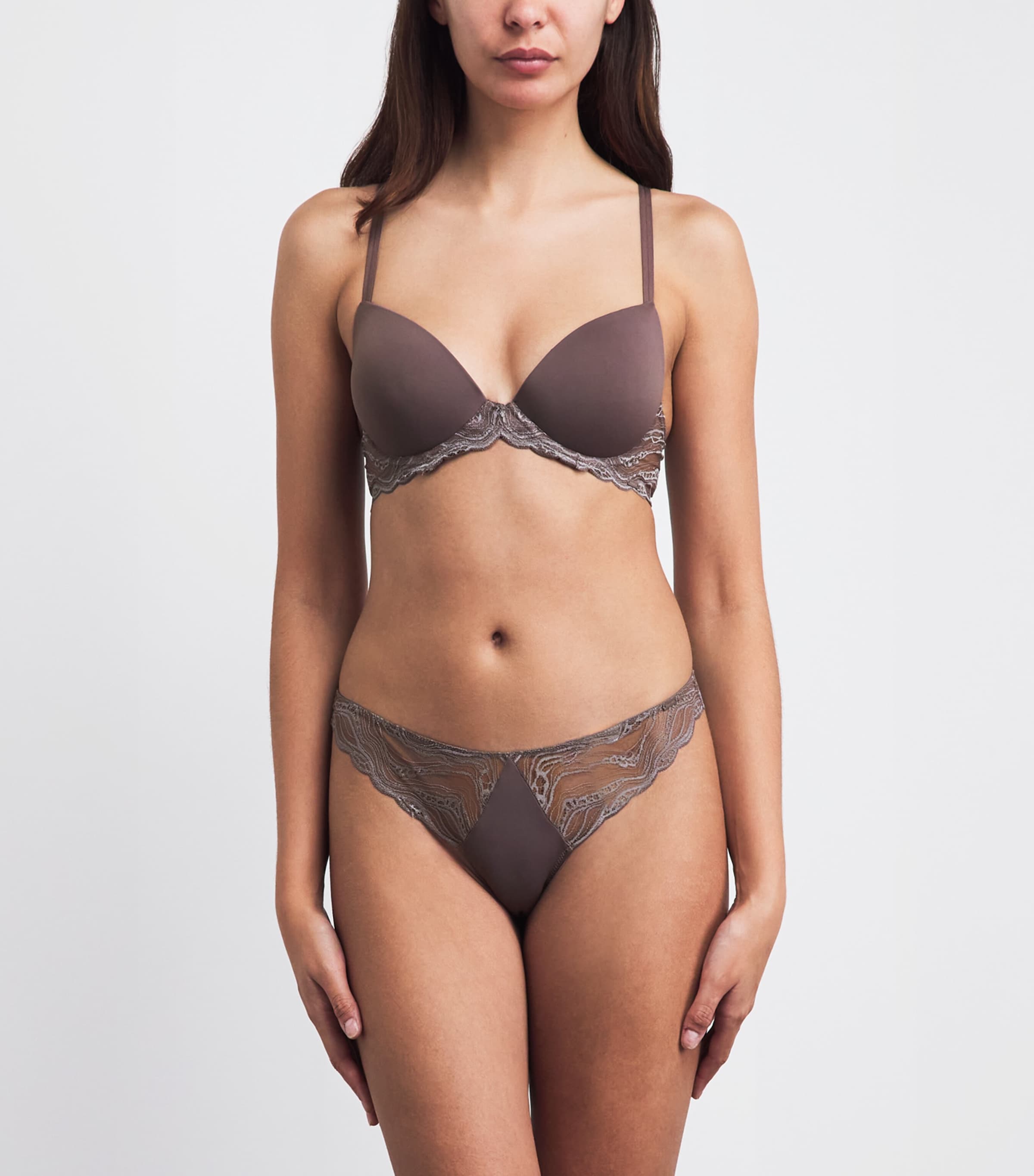 Calvin Klein Womens Lace Sensual Stretch Thong Pjs/botanical Brown Image 2