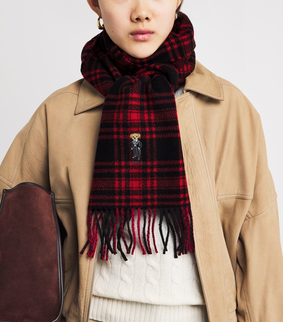 Wool Check Polo Bear Scarf RED Image 2